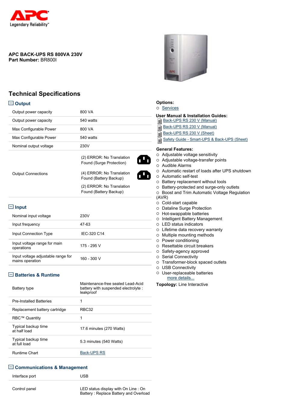 APC BR800I User Manual | 2 pages