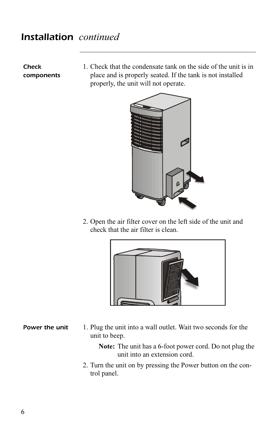 Check components, Power the unit, Check components 6 | Power the unit 6, Continued, Installation | APC AP7003 User Manual | Page 10 / 28