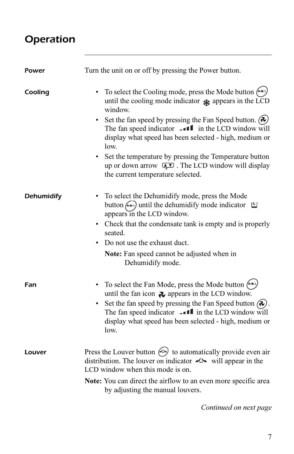 Operation, Power, Cooling | Dehumidify, Louver, Power 7, Cooling 7, Dehumidify 7, Fan 7, Louver 7 | APC AP7003 User Manual | Page 11 / 28