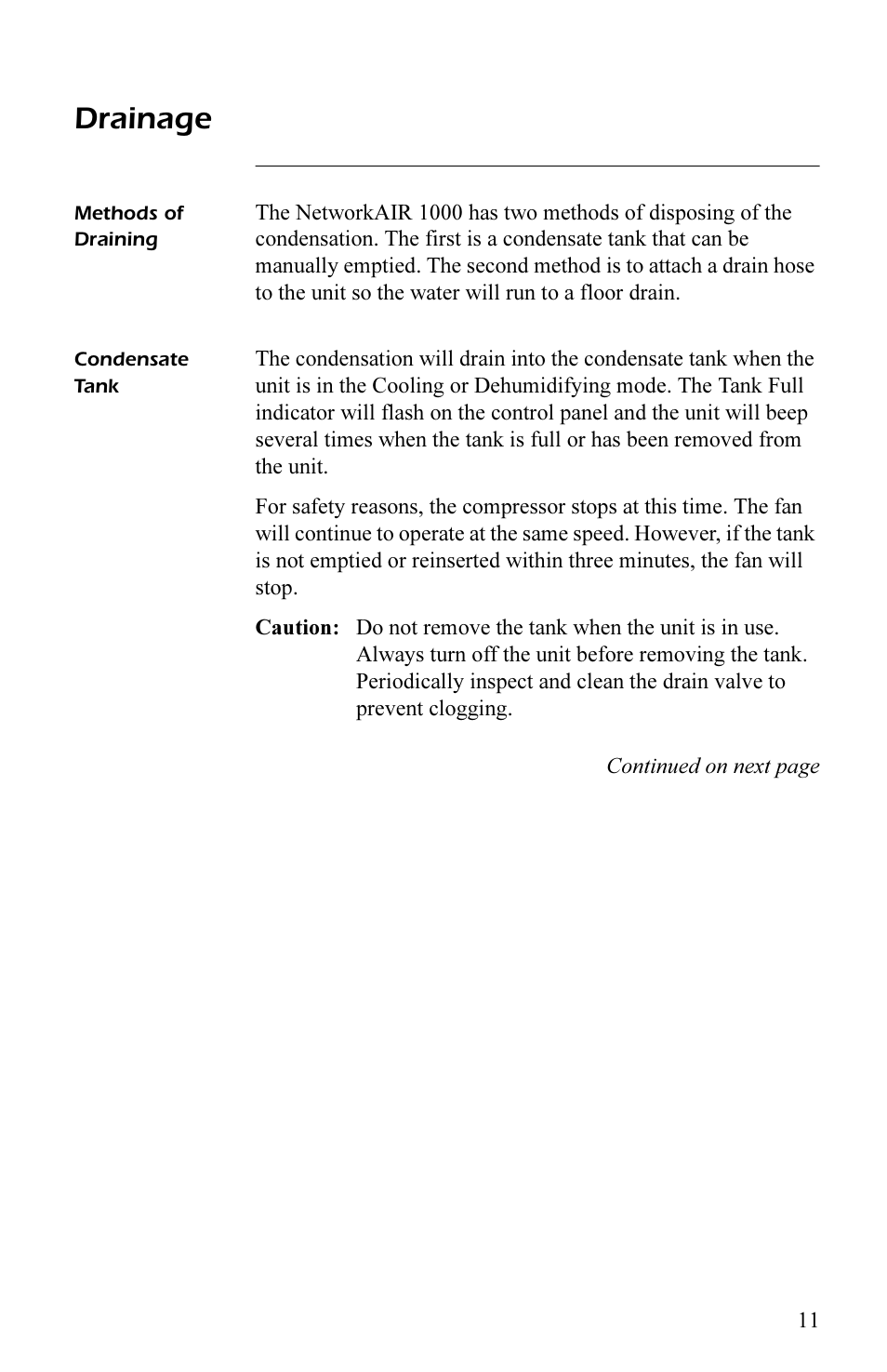 Drainage, Methods of draining, Condensate tank | Methods of draining 11, Condensate tank 11 | APC AP7003 User Manual | Page 15 / 28