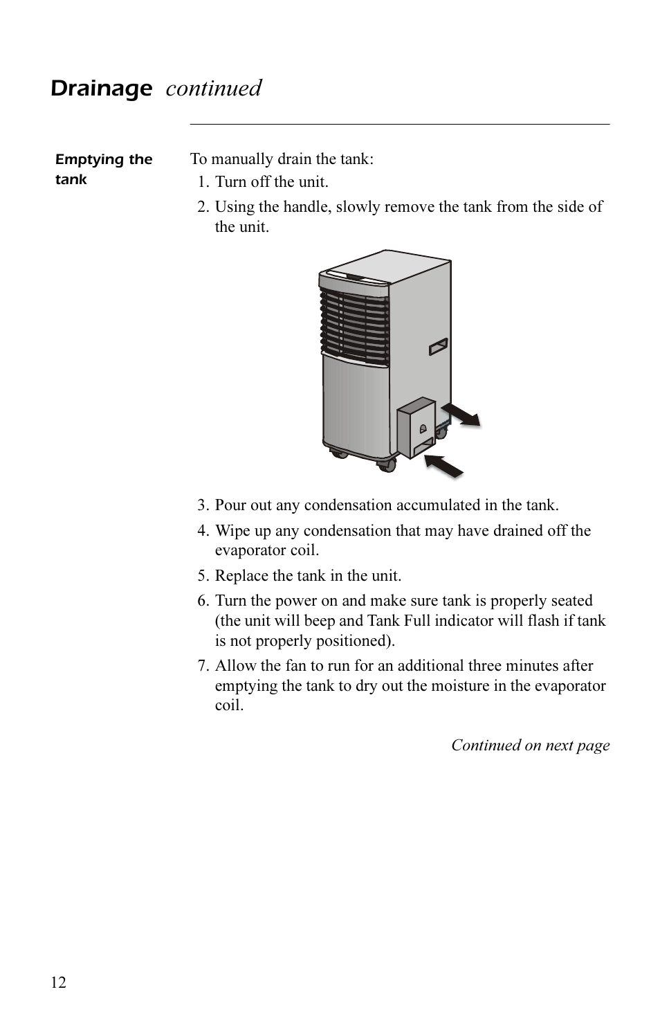 Emptying the tank, Emptying the tank 12, Continued | Drainage | APC AP7003 User Manual | Page 16 / 28