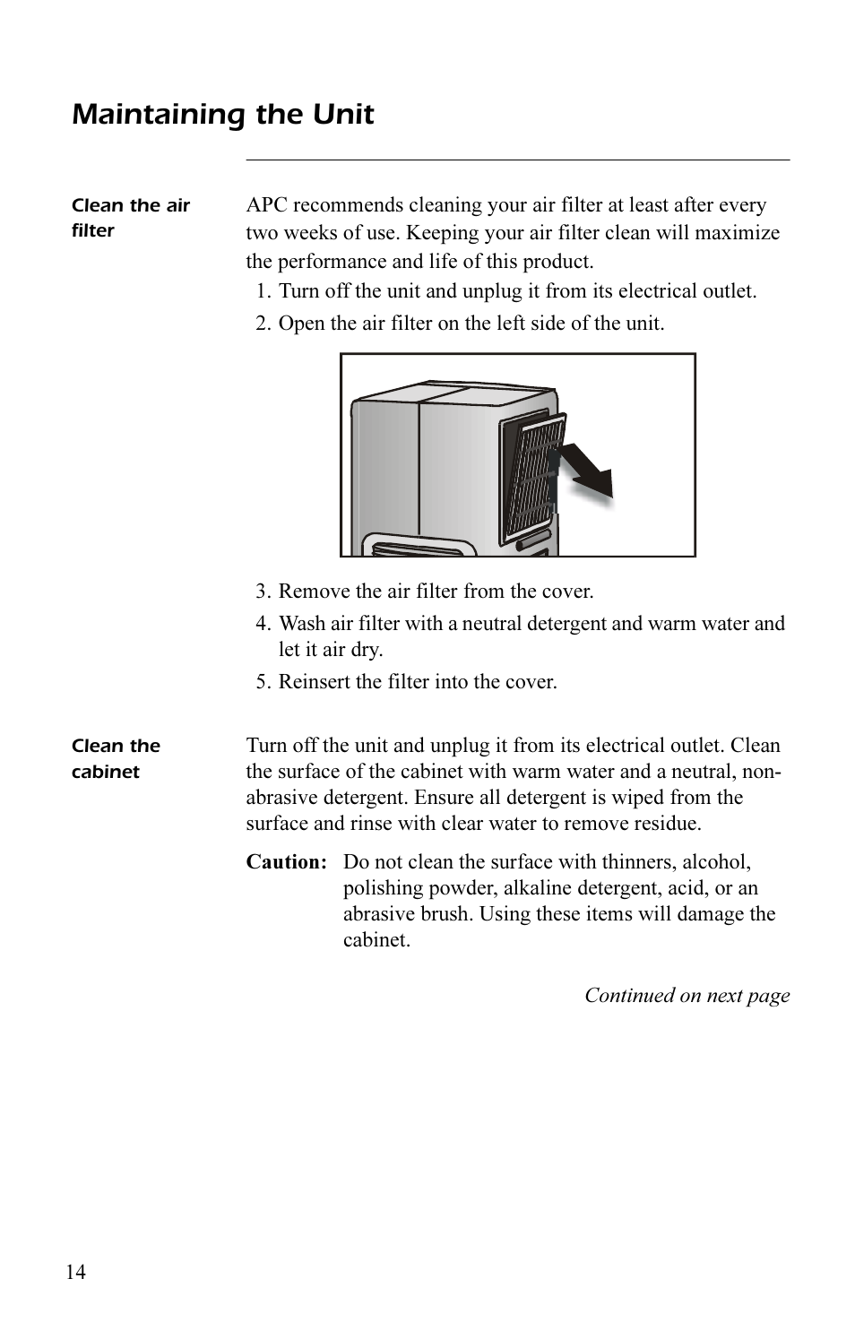 Maintaining the unit, Clean the air filter, Clean the cabinet | Clean the air filter 14, Clean the cabinet 14 | APC AP7003 User Manual | Page 18 / 28