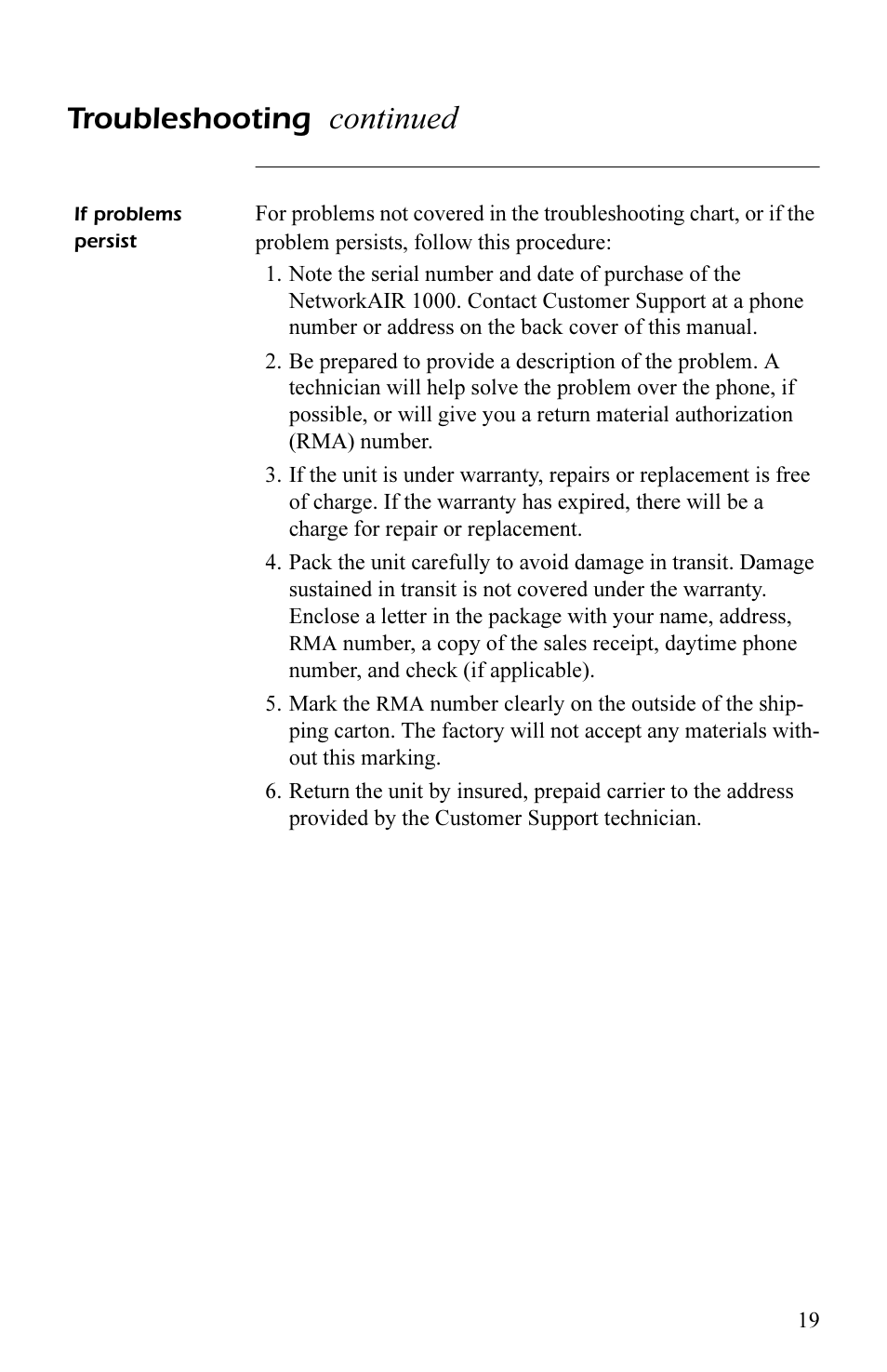 If problems persist, If problems persist 19, Continued | Troubleshooting | APC AP7003 User Manual | Page 23 / 28