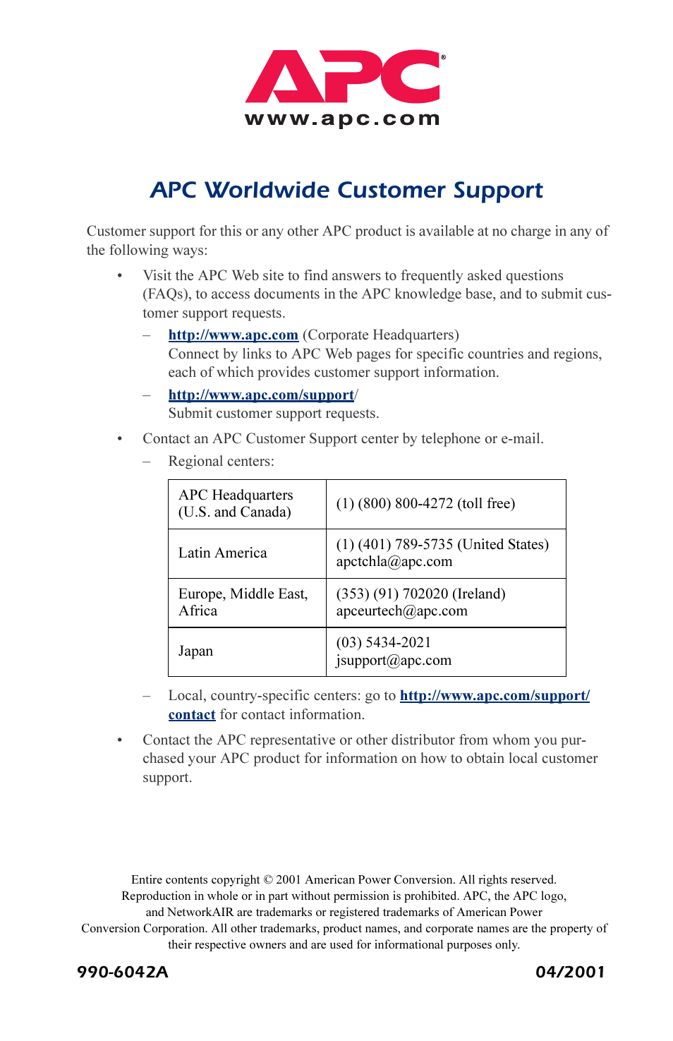 Apc worldwide customer support | APC AP7003 User Manual | Page 28 / 28