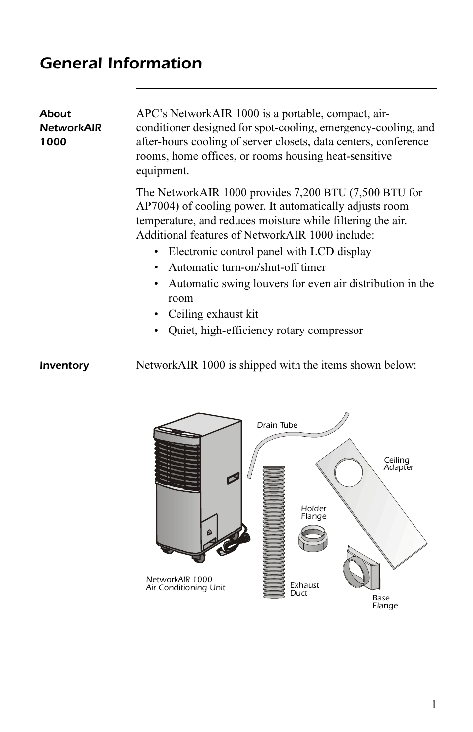 General information, About networkair 1000, Inventory | About networkair 1000 1, Inventory 1 | APC AP7003 User Manual | Page 5 / 28