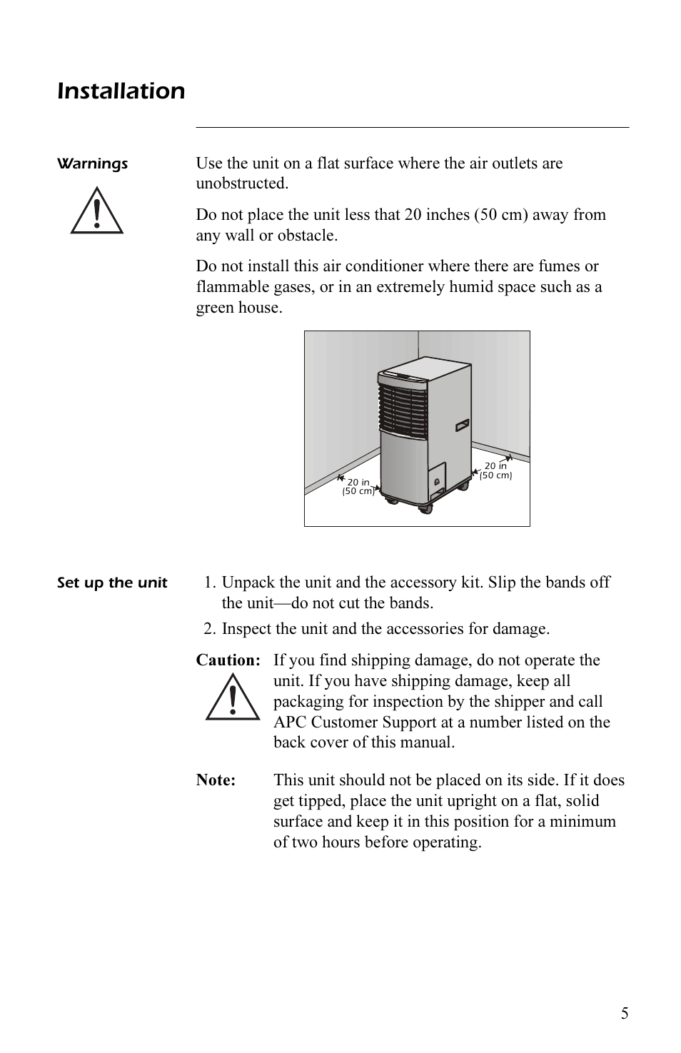 Installation, Warnings, Set up the unit | Warnings 5, Set up the unit 5 | APC AP7003 User Manual | Page 9 / 28