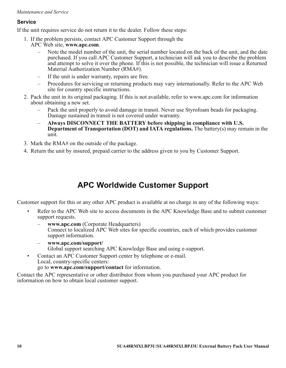 Apc worldwide customer support | APC Smart-UPS XL External Battery Pack SUA48RMXLBP3U User Manual | Page 10 / 11