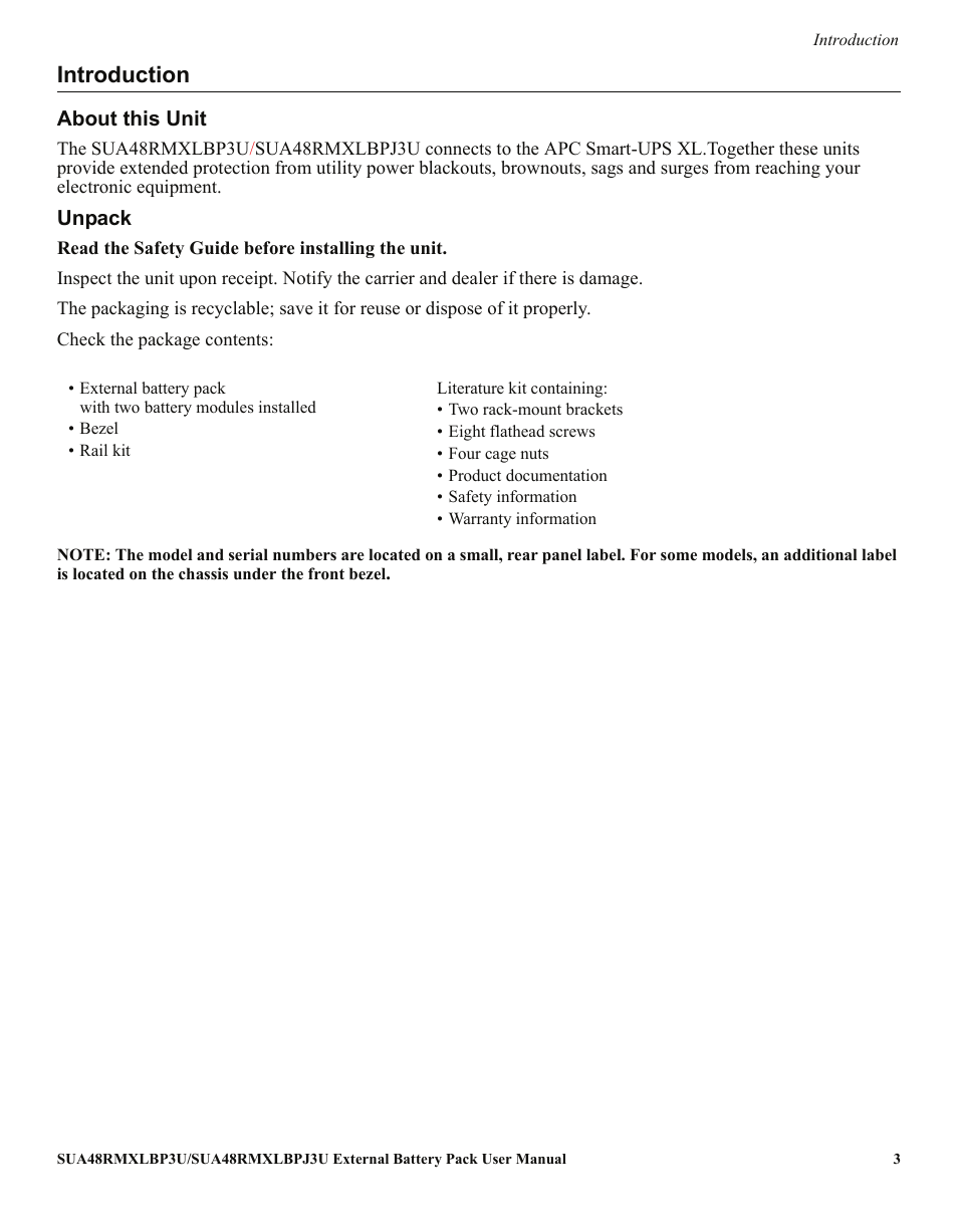 Introduction | APC Smart-UPS XL External Battery Pack SUA48RMXLBP3U User Manual | Page 3 / 11