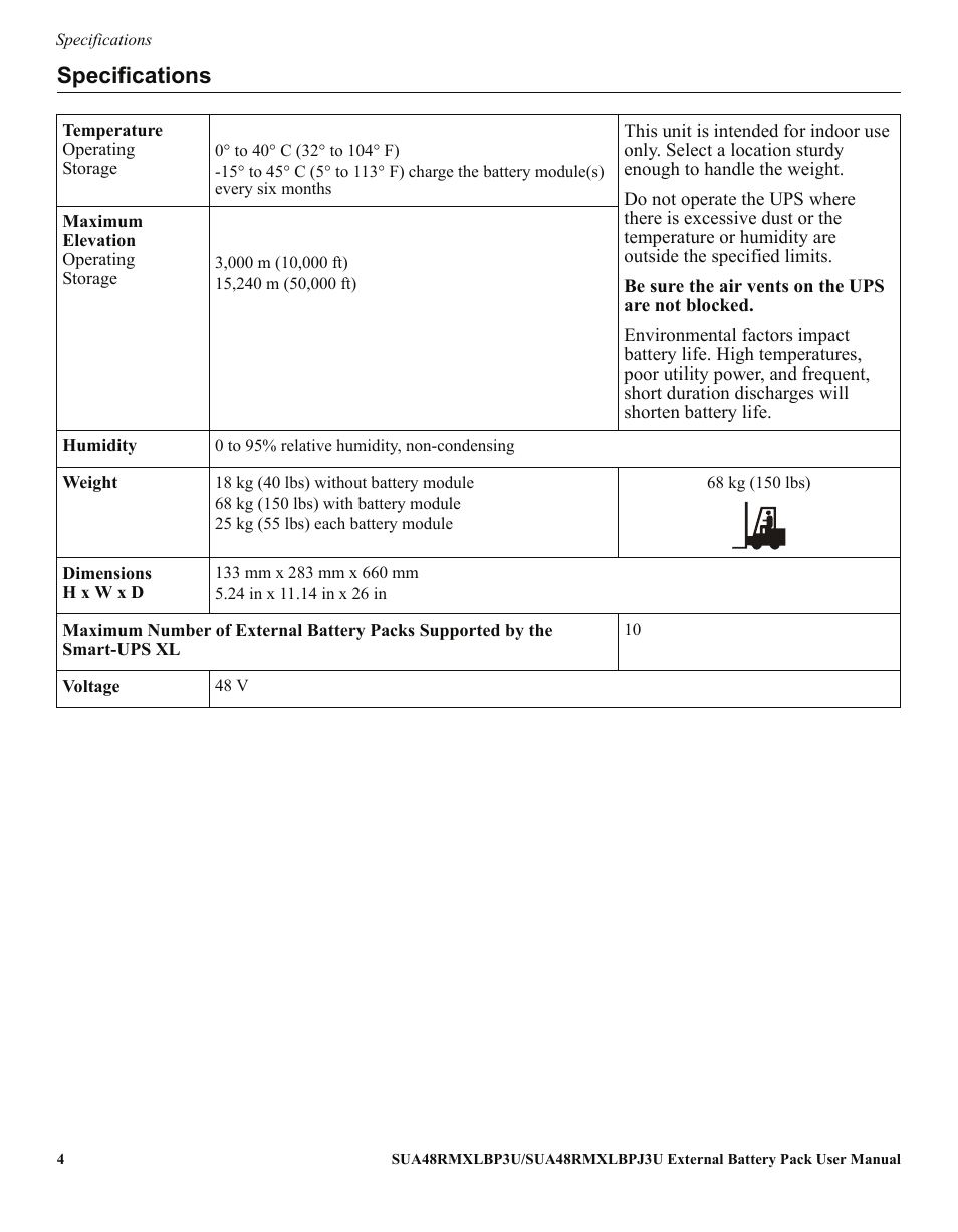 Specifications | APC Smart-UPS XL External Battery Pack SUA48RMXLBP3U User Manual | Page 4 / 11