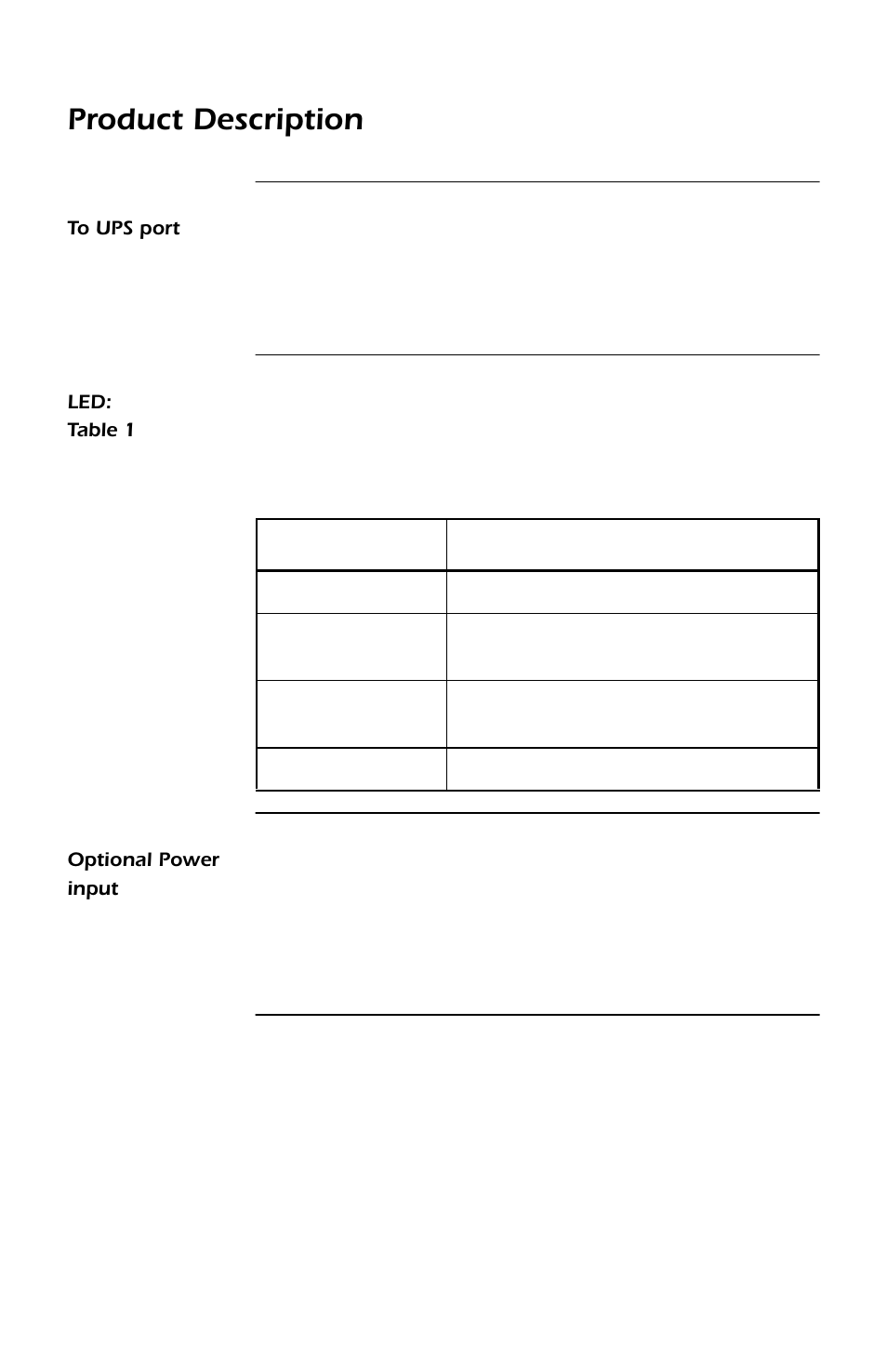 To ups port, Led: table 1, Optional power input | To ups port 5, Led 5, Optional power input 5, Continued, Product description | APC SMARTSLOT DP300E User Manual | Page 11 / 40