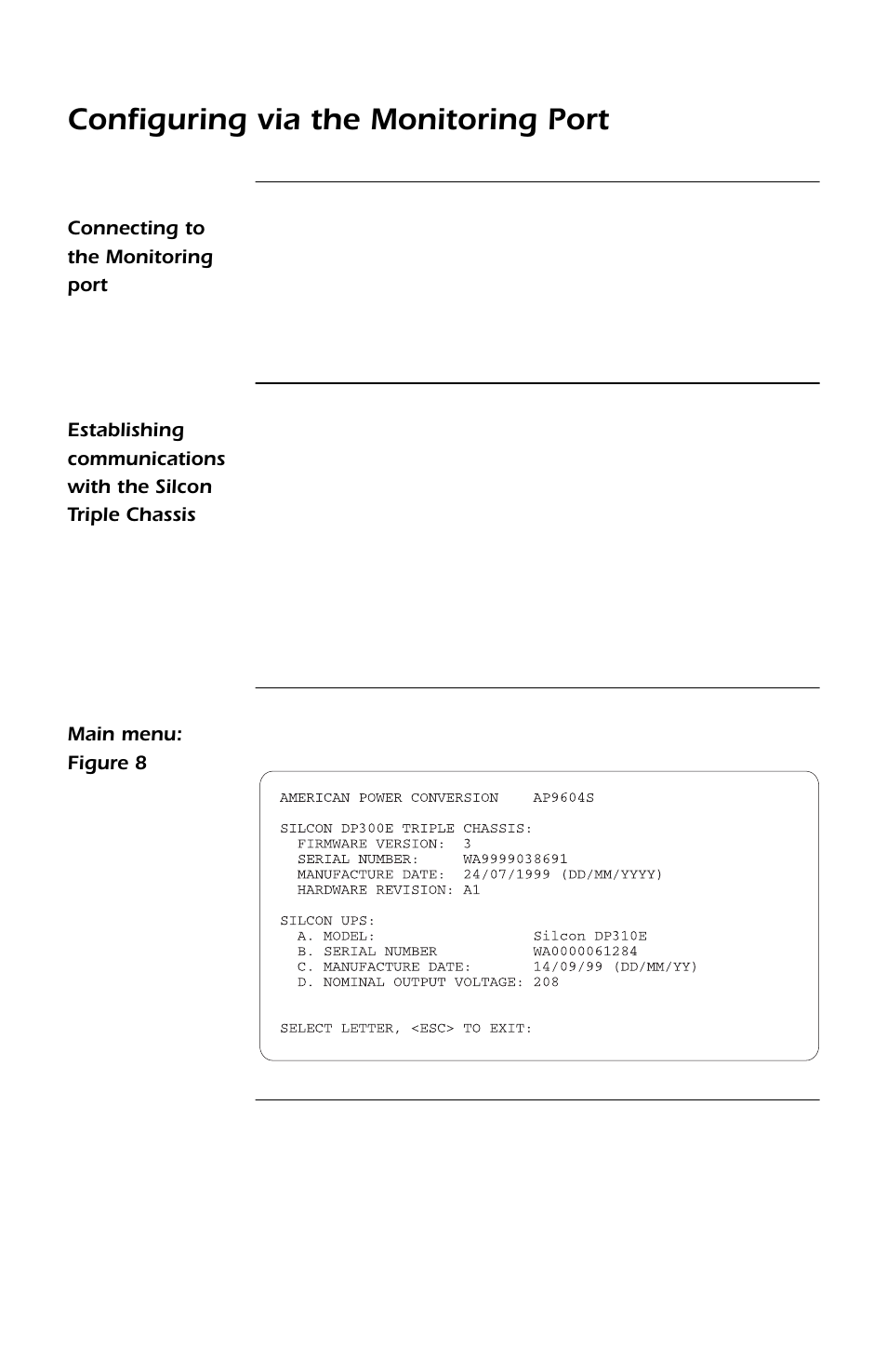 Connecting to the monitoring port, Main menu: figure 8, Connecting to the monitoring port 12 | Main menu 12, Continued, Configuring via the monitoring port | APC SMARTSLOT DP300E User Manual | Page 18 / 40