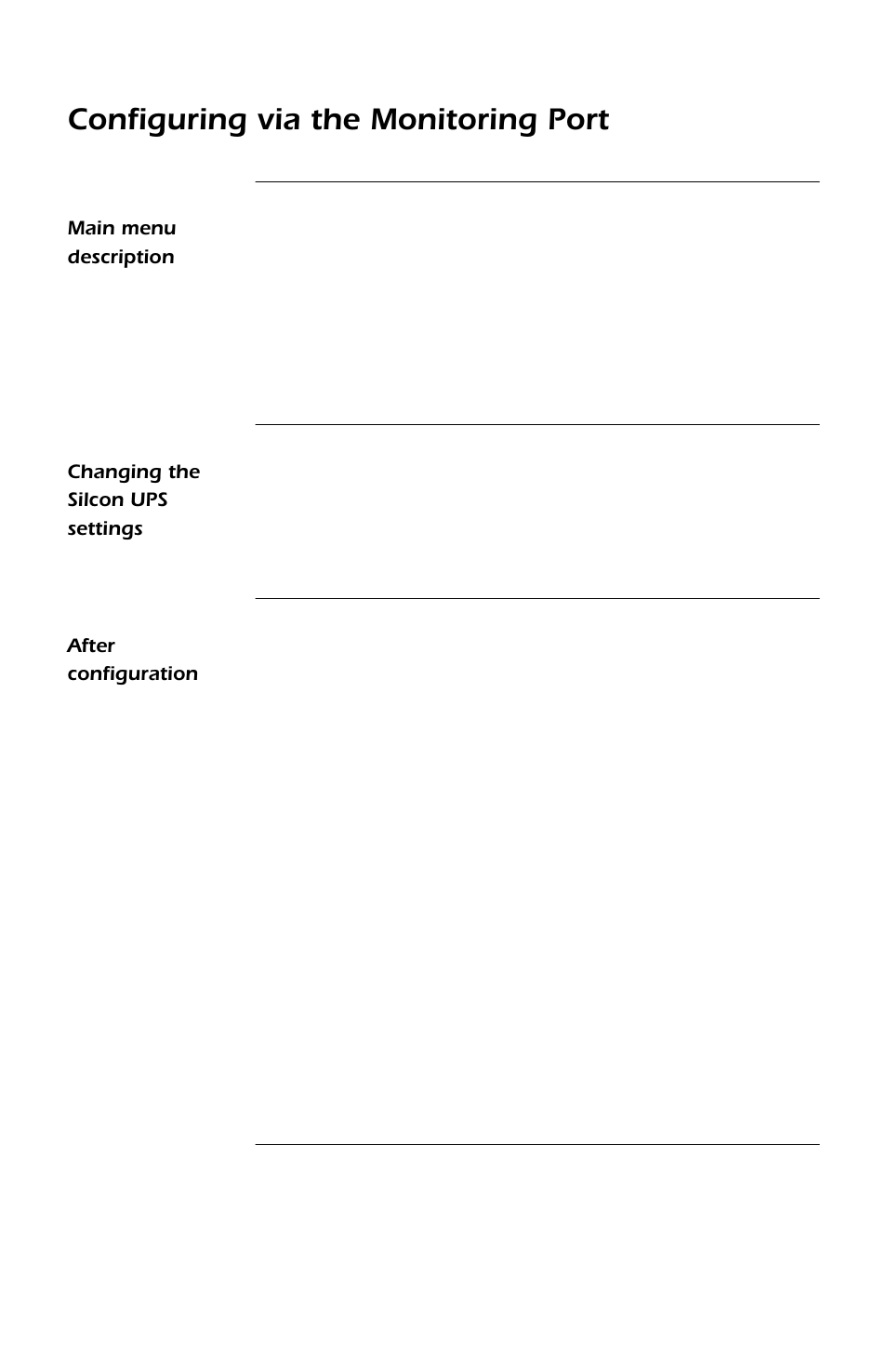 Main menu description, Changing the silcon ups settings, After configuration | Main menu description 13, Changing the silcon ups settings 13, After configuration 13, General policy 26, Continued, Configuring via the monitoring port | APC SMARTSLOT DP300E User Manual | Page 19 / 40
