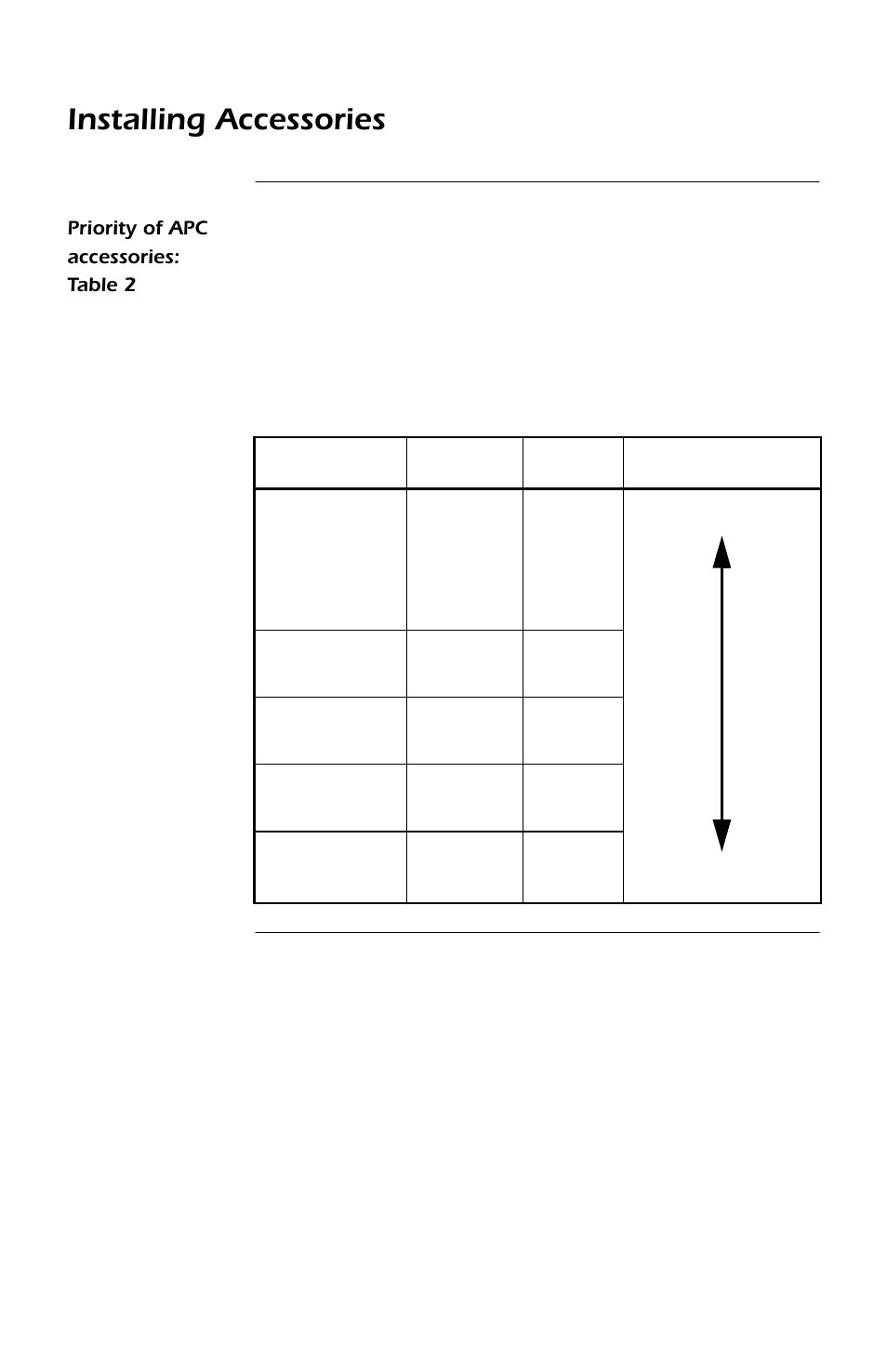 Priority of apc accessories: table 2, Priority of apc accessories 16, Continued | Installing accessories | APC SMARTSLOT DP300E User Manual | Page 22 / 40