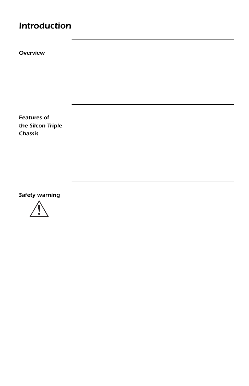 Introduction, Overview, Features of the silcon triple chassis | Safety warning, Overview 1, Features of the silcon triple chassis 1, Safety warning 1 | APC SMARTSLOT DP300E User Manual | Page 7 / 40
