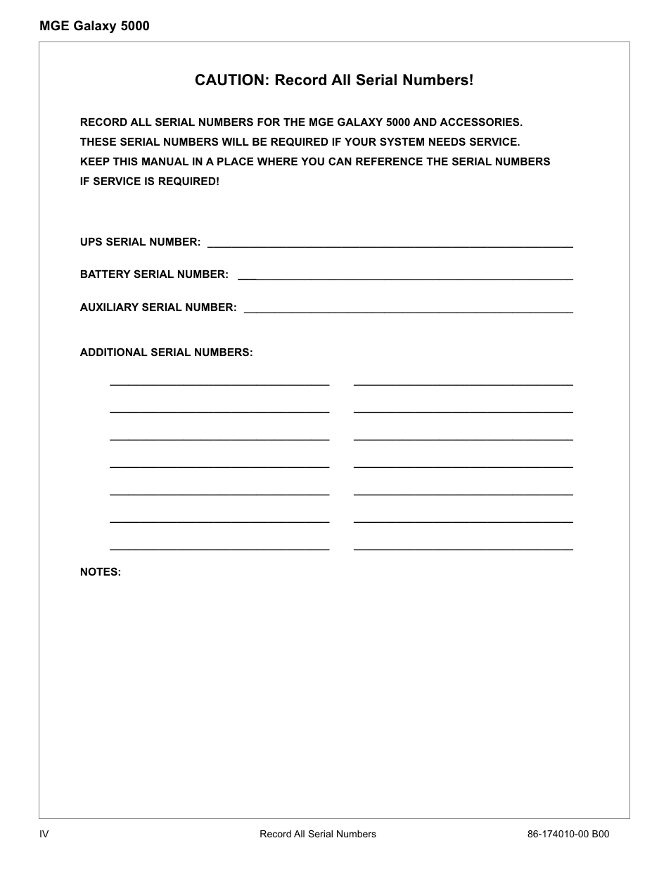 Caution: record all serial numbers | APC MGE GALAXY 5000 40 130KVA User Manual | Page 10 / 76