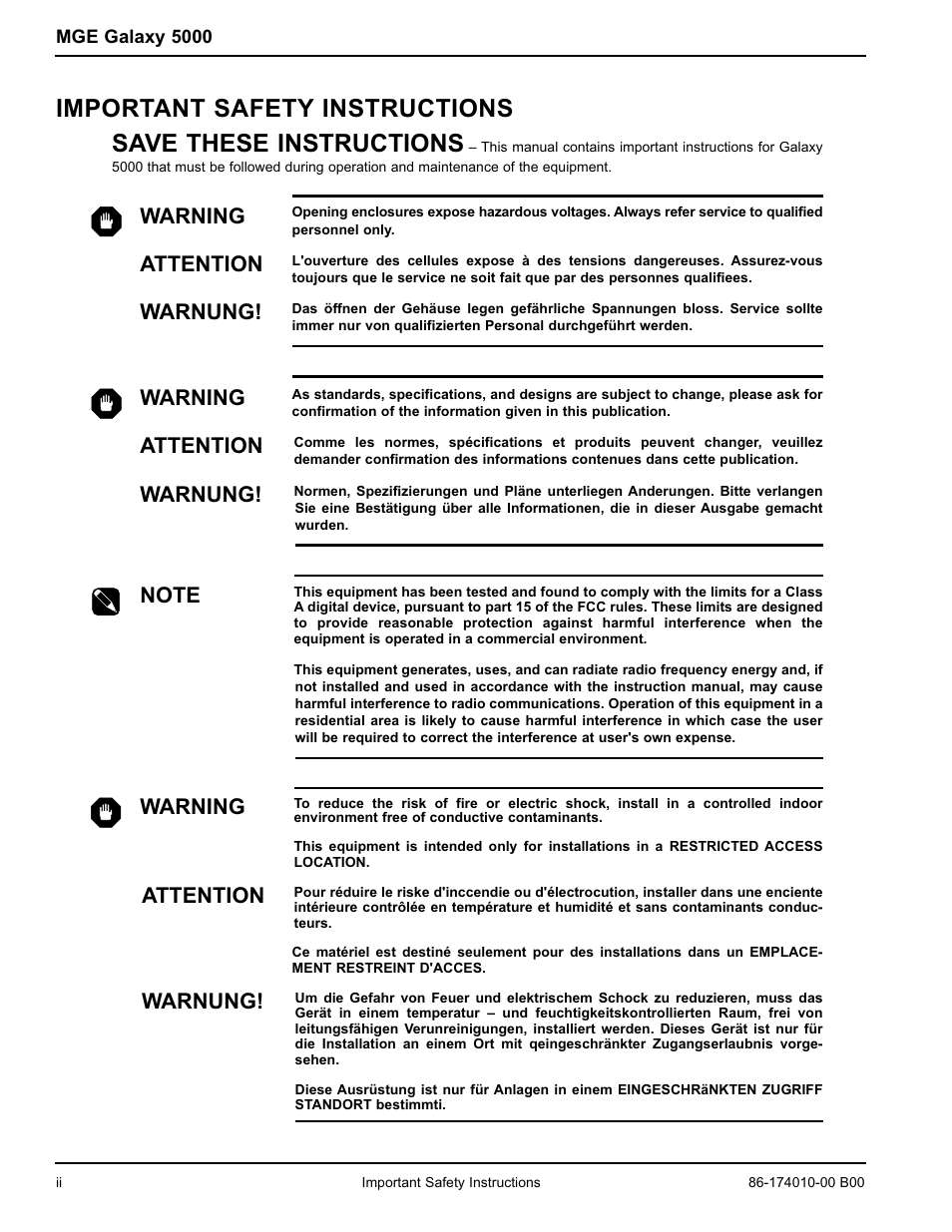 Warning, Attention, Warnung | APC MGE GALAXY 5000 40 130KVA User Manual | Page 4 / 76