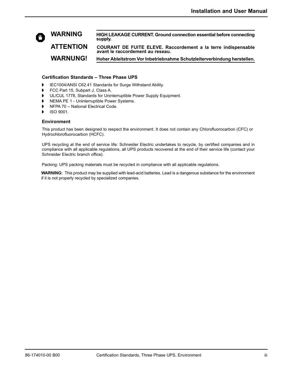 Warning, Attention, Warnung | APC MGE GALAXY 5000 40 130KVA User Manual | Page 5 / 76