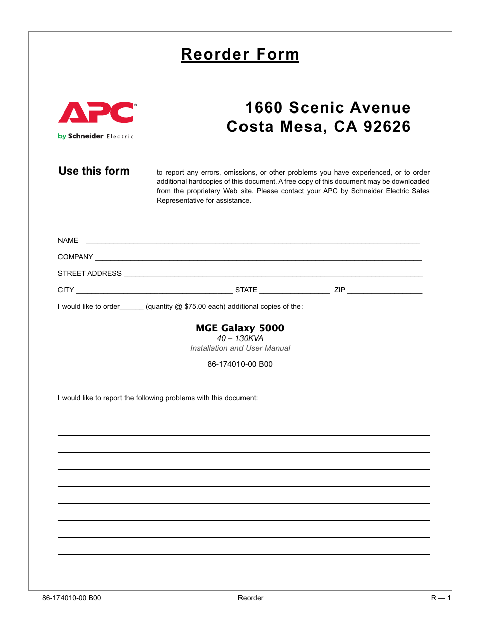 Use this form | APC MGE GALAXY 5000 40 130KVA User Manual | Page 73 / 76