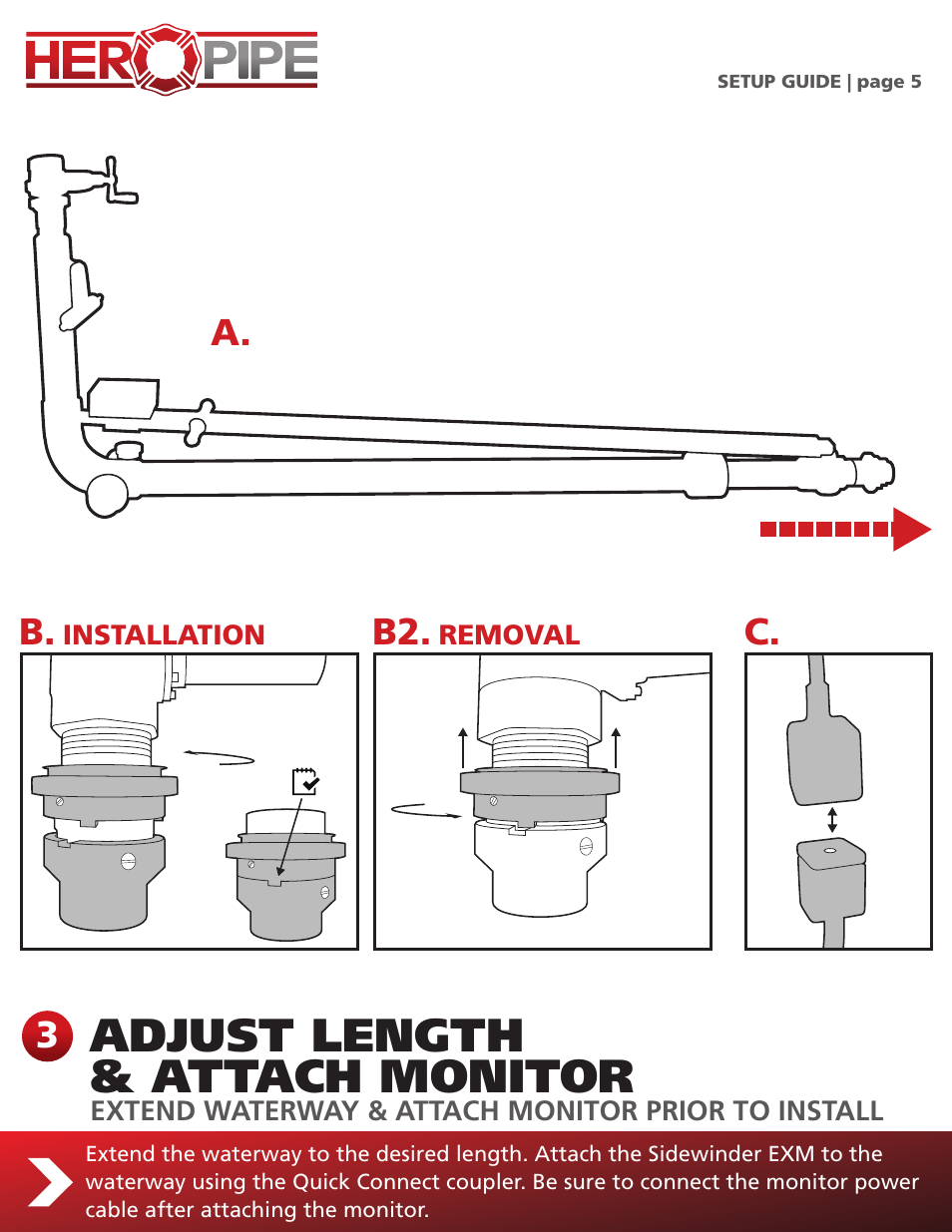 Adjust length & attach monitor, A. b. b2. c | Elkhart Brass HEROPipe System Setup Guide User Manual | Page 5 / 9