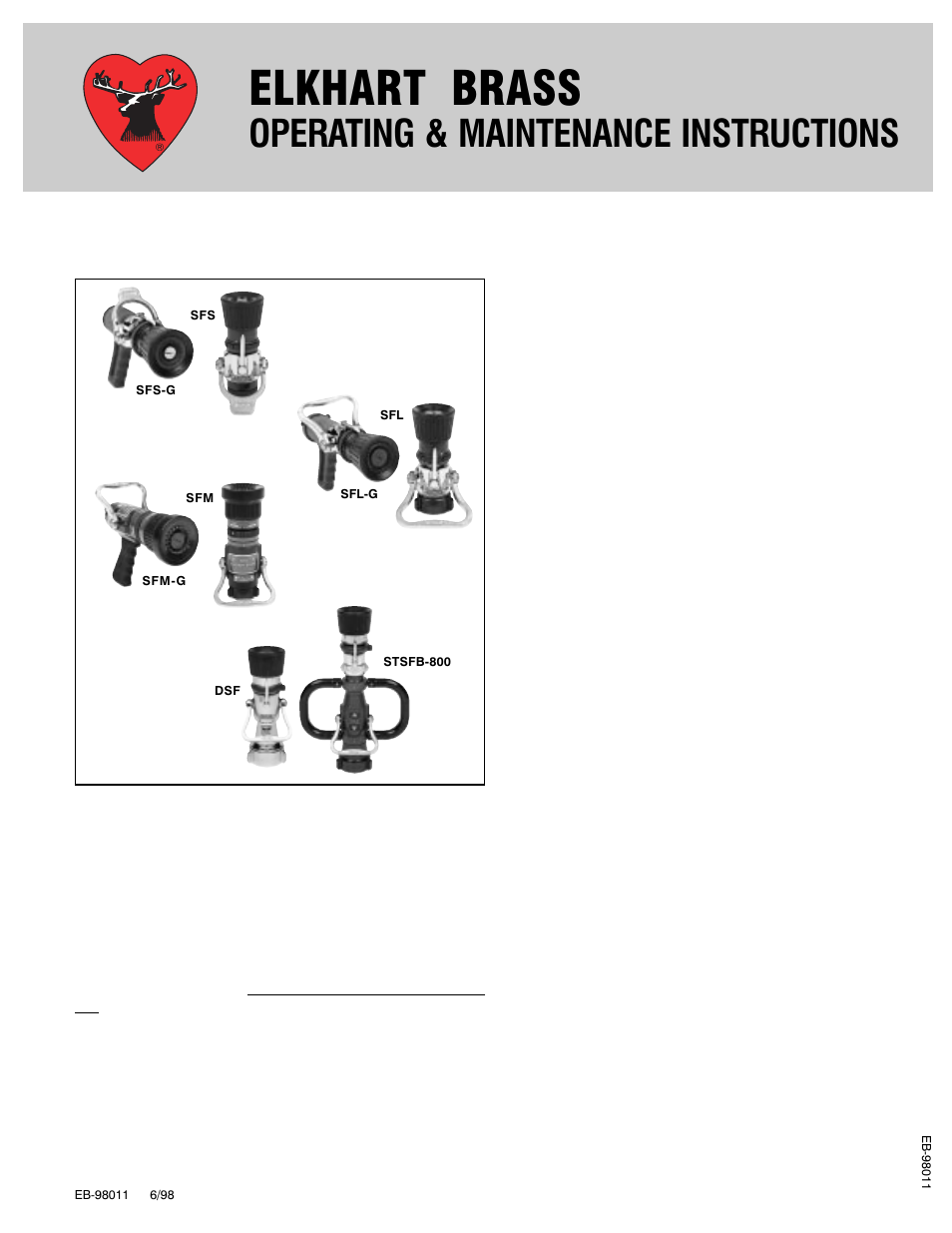 Elkhart Brass SELECT-O-FLOW NOZZLES SFS & SFS-G / SFL, SFL-G & TSFL / SFM, SFM-G & TSFM SF, DSF & TSF User Manual | 2 pages