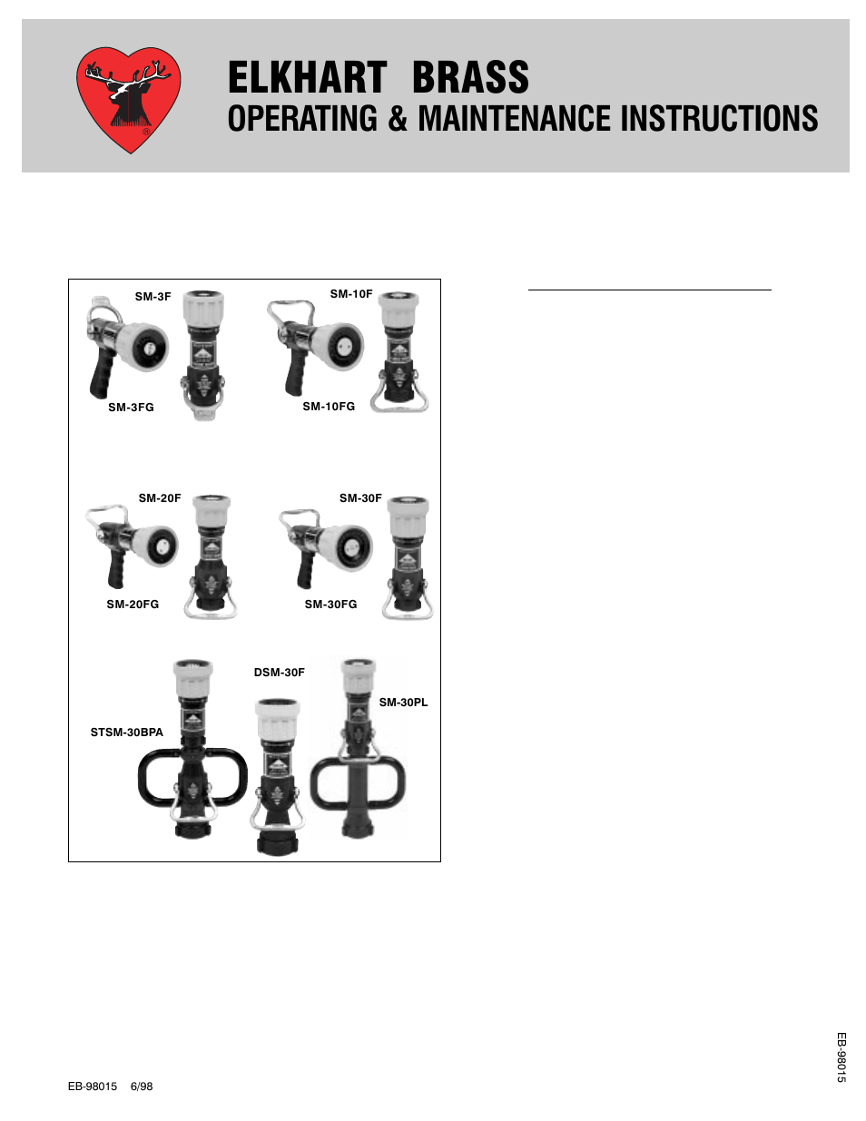 Elkhart Brass SELECT-O-MATIC NOZZLES SM-3F, SM-3FG / SM-10F, SM-10FG, TSM-10F SM-20F, SM-20FG, TSM-20F SM-30F, SM-30FG, DSM-30F, TSM-30F User Manual | 2 pages