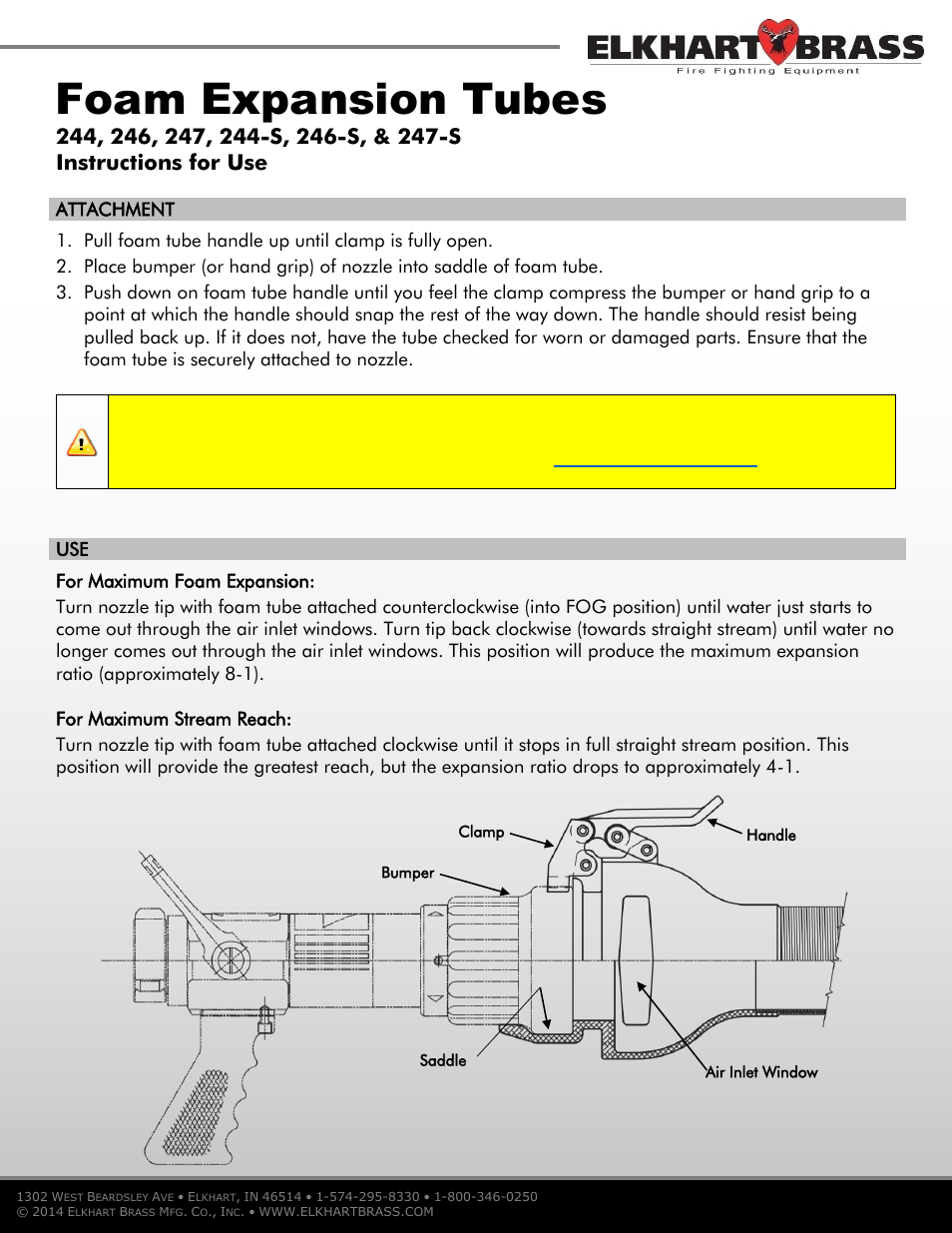 Elkhart Brass Foam Expansion Tubes 244, 246, 247, 244-S, 246-S, & 247-S User Manual | 1 page