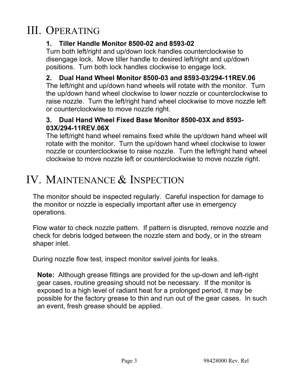 Operating, Tiller handle monitor 8500-02 and 8593-02, Maintenance & inspection | Iller, Andle, Onitor, Heel, 8593-03/294-11rev.06, Ixed, 8500-03x | Elkhart Brass Vulcan 8593-xx User Manual | Page 7 / 16