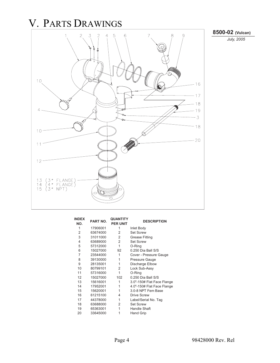 Parts drawings, V. parts drawings, V. p | Arts, Rawings | Elkhart Brass Vulcan 8593-xx User Manual | Page 8 / 16