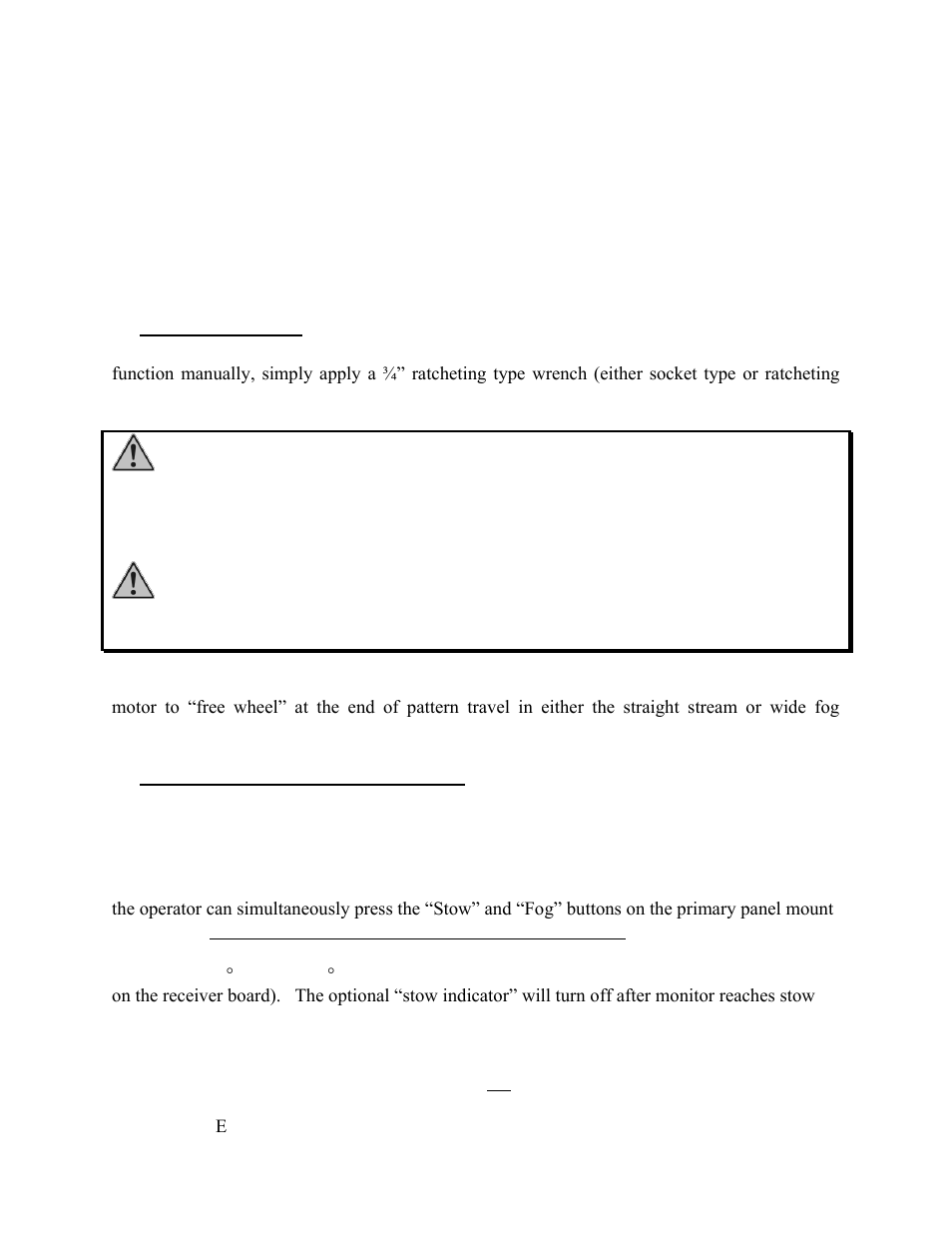 Manual override, Storing the 8500 and 8593 monitor, Warning | Caution | Elkhart Brass Vulcan 8593-xx EXT User Manual | Page 26 / 32