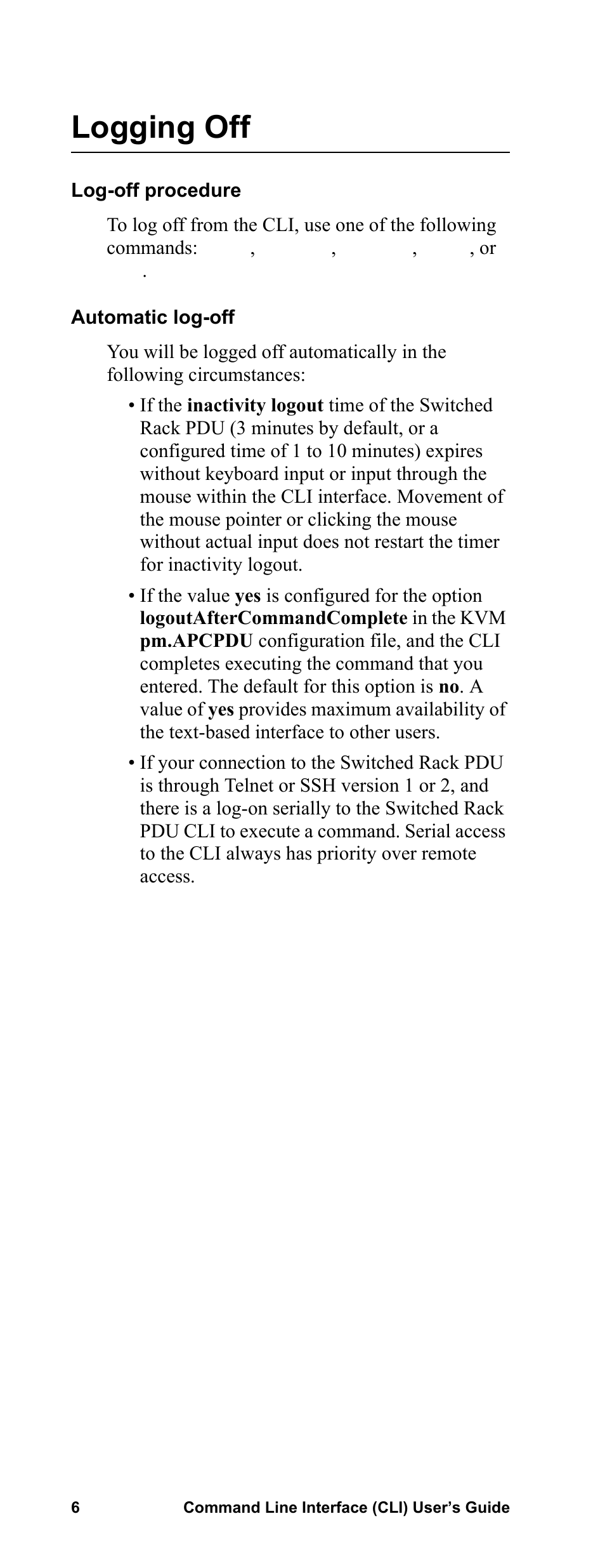 Logging off, Log-off procedure, Automatic log-off | APC Command Line Interface User Manual | Page 10 / 39