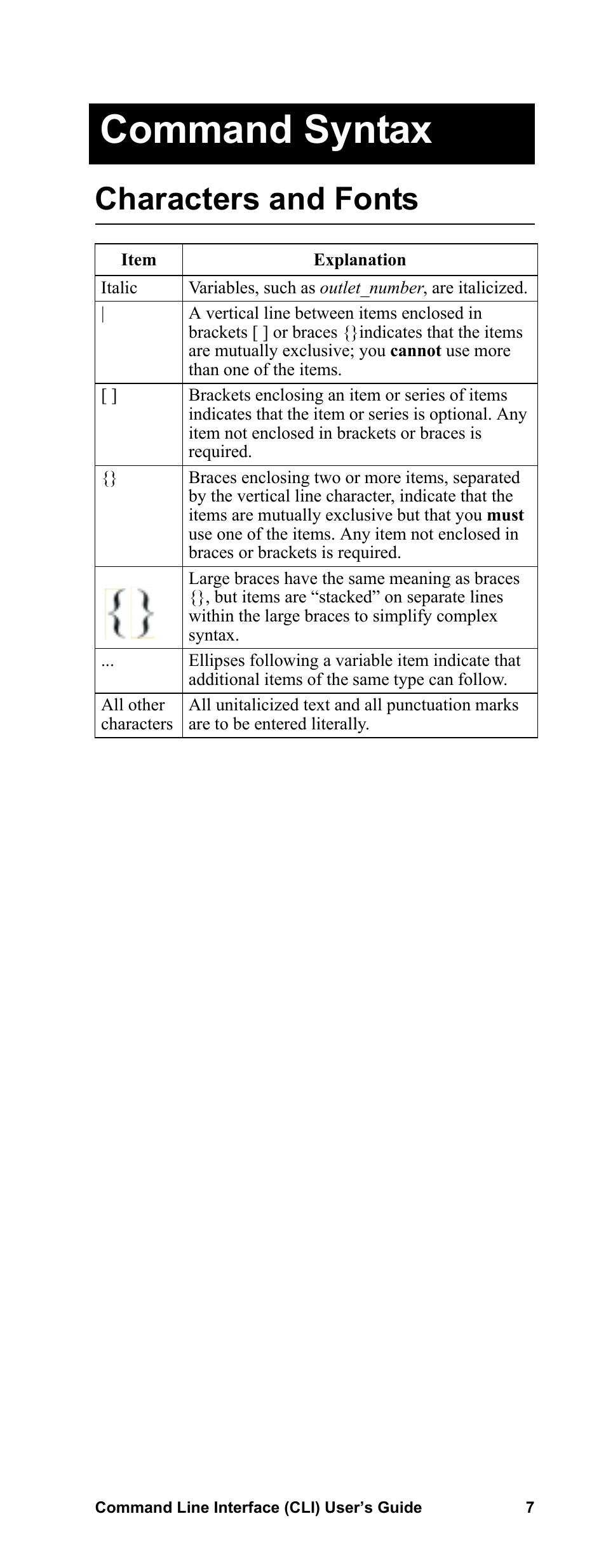 Command syntax, Characters and fonts | APC Command Line Interface User Manual | Page 11 / 39
