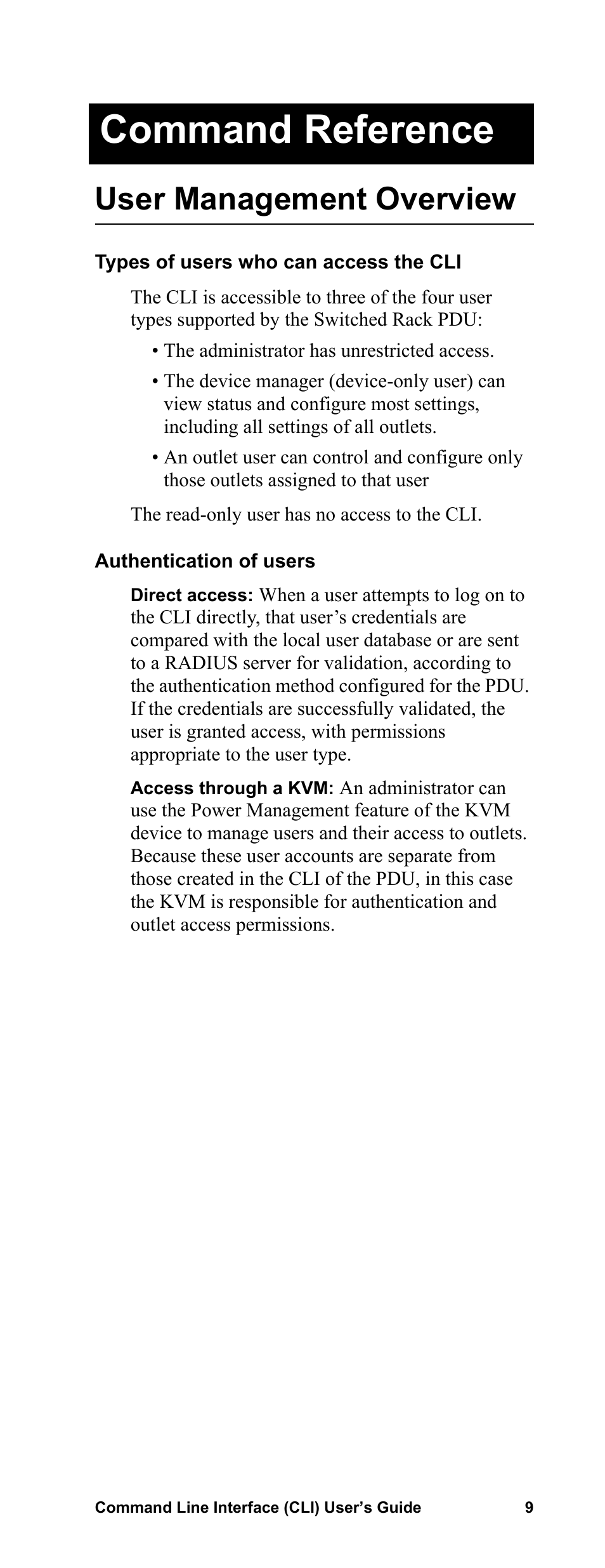 Command reference, User management overview, Types of users who can access the cli | Authentication of users | APC Command Line Interface User Manual | Page 13 / 39