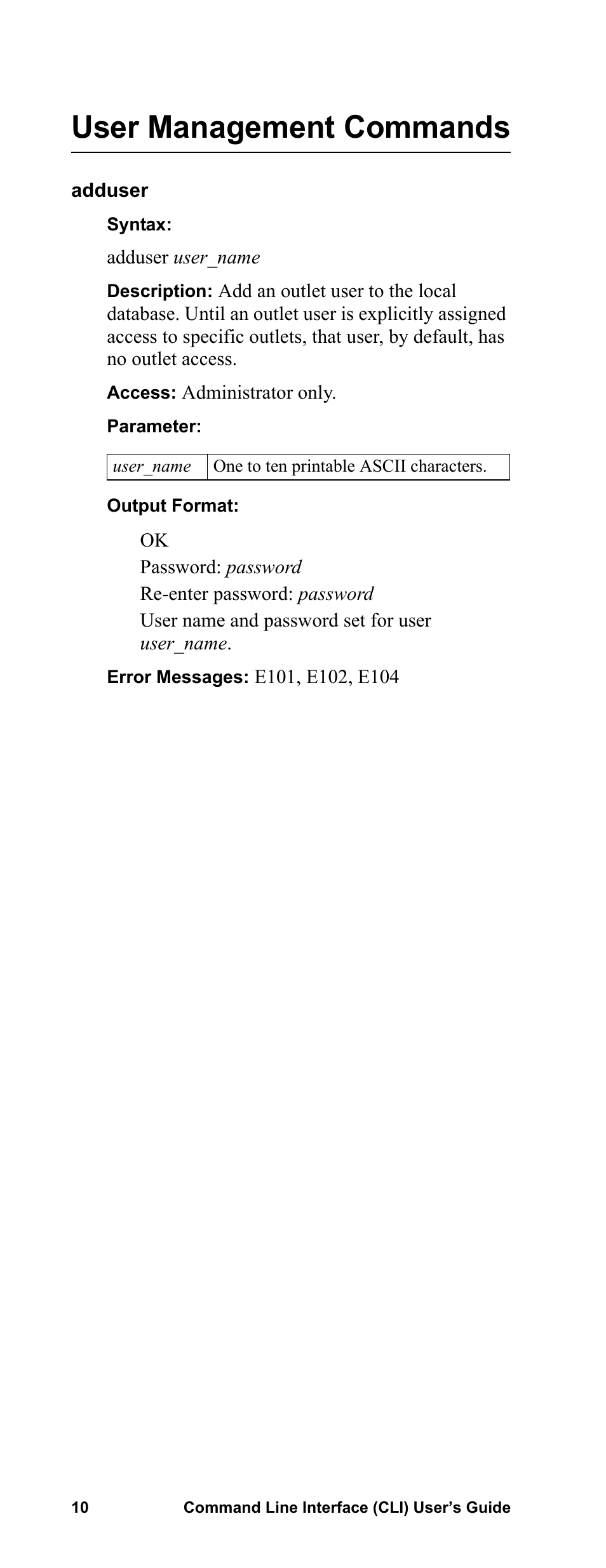 User management commands, Adduser | APC Command Line Interface User Manual | Page 14 / 39