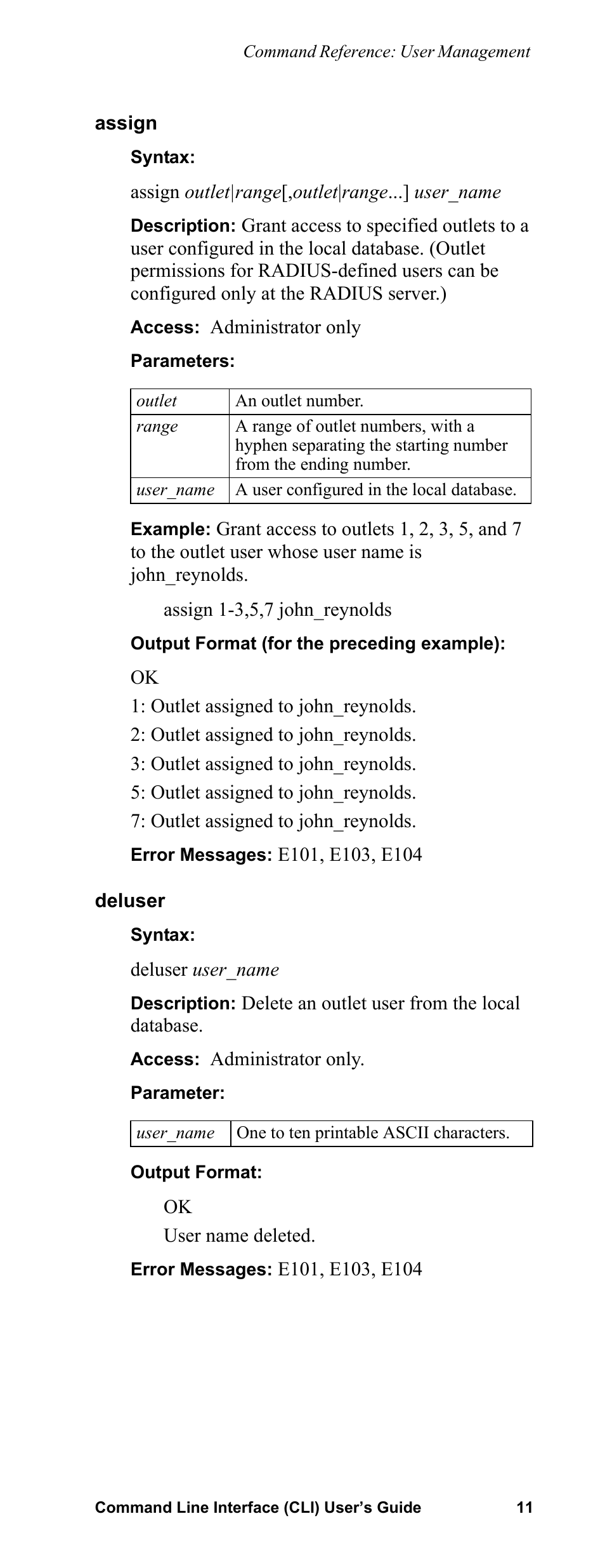 Assign, Deluser | APC Command Line Interface User Manual | Page 15 / 39