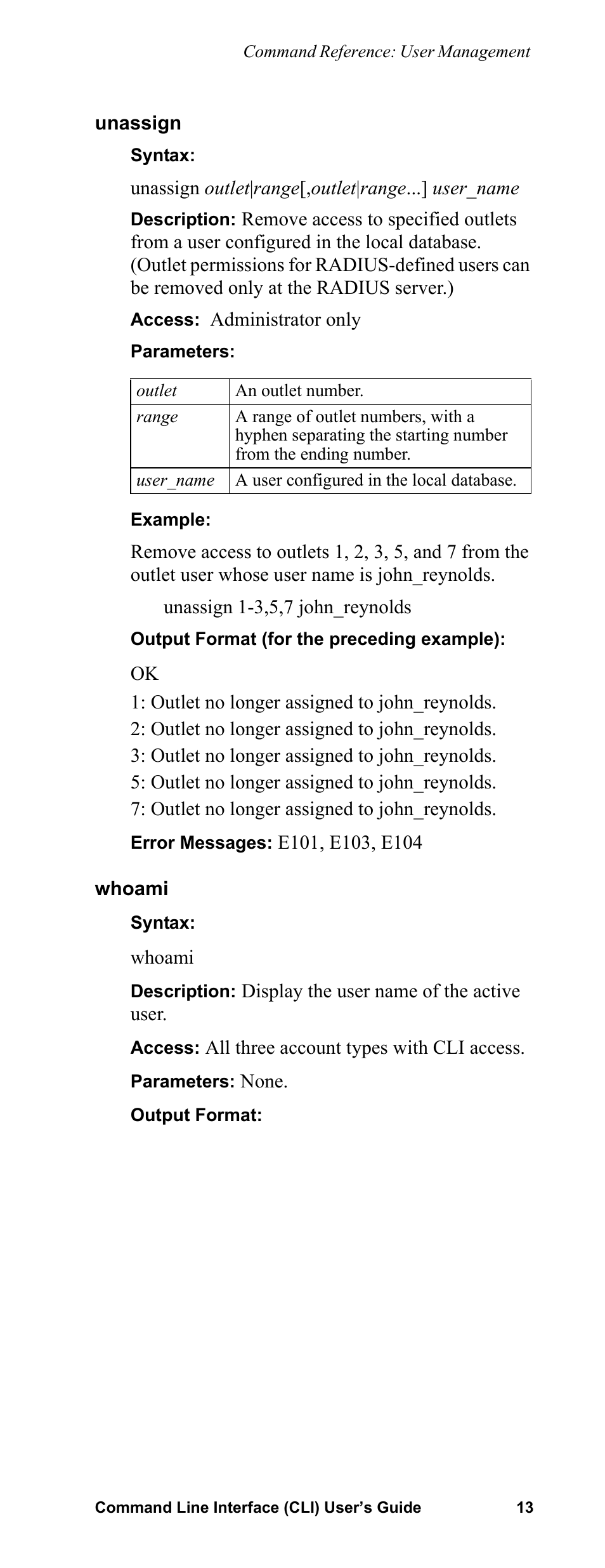 Unassign, Whoami | APC Command Line Interface User Manual | Page 17 / 39