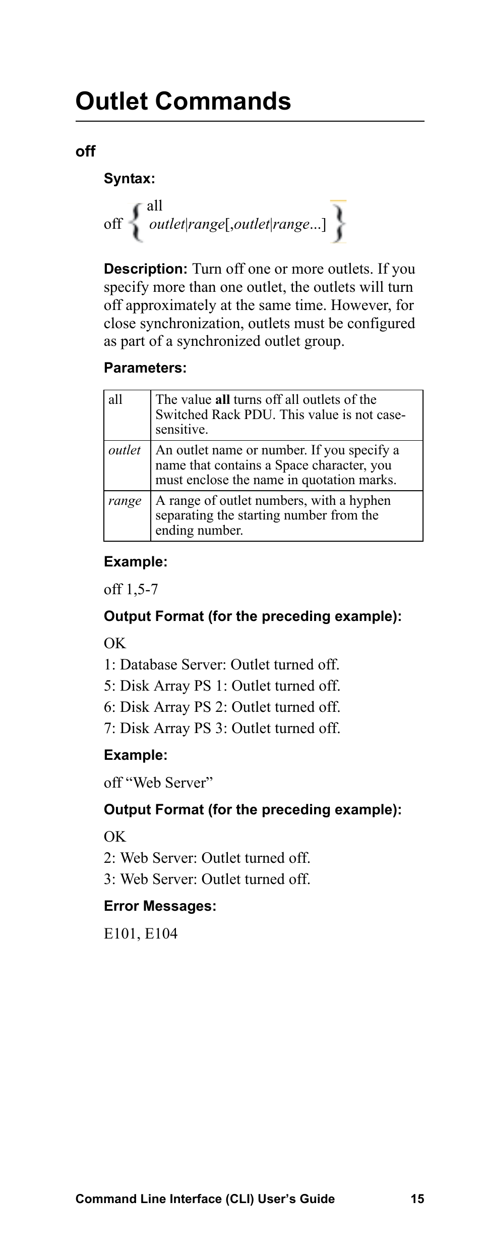 Outlet commands | APC Command Line Interface User Manual | Page 19 / 39