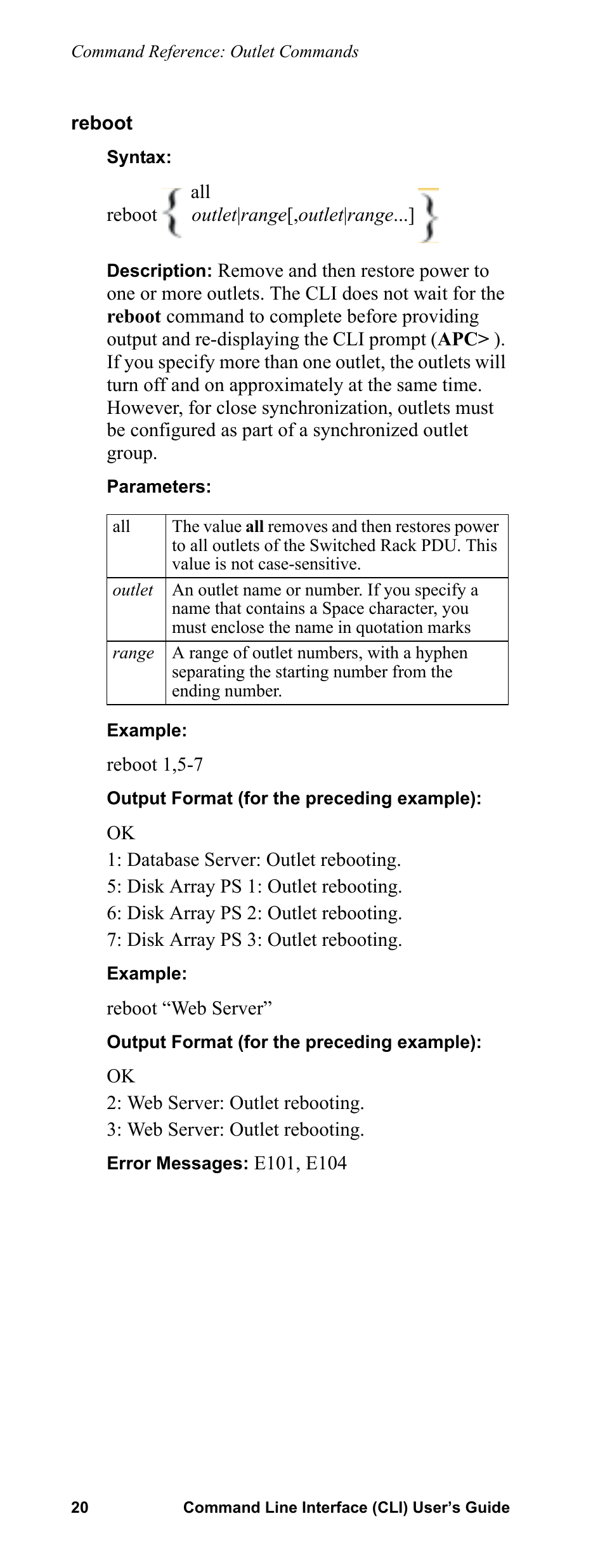 Reboot | APC Command Line Interface User Manual | Page 24 / 39