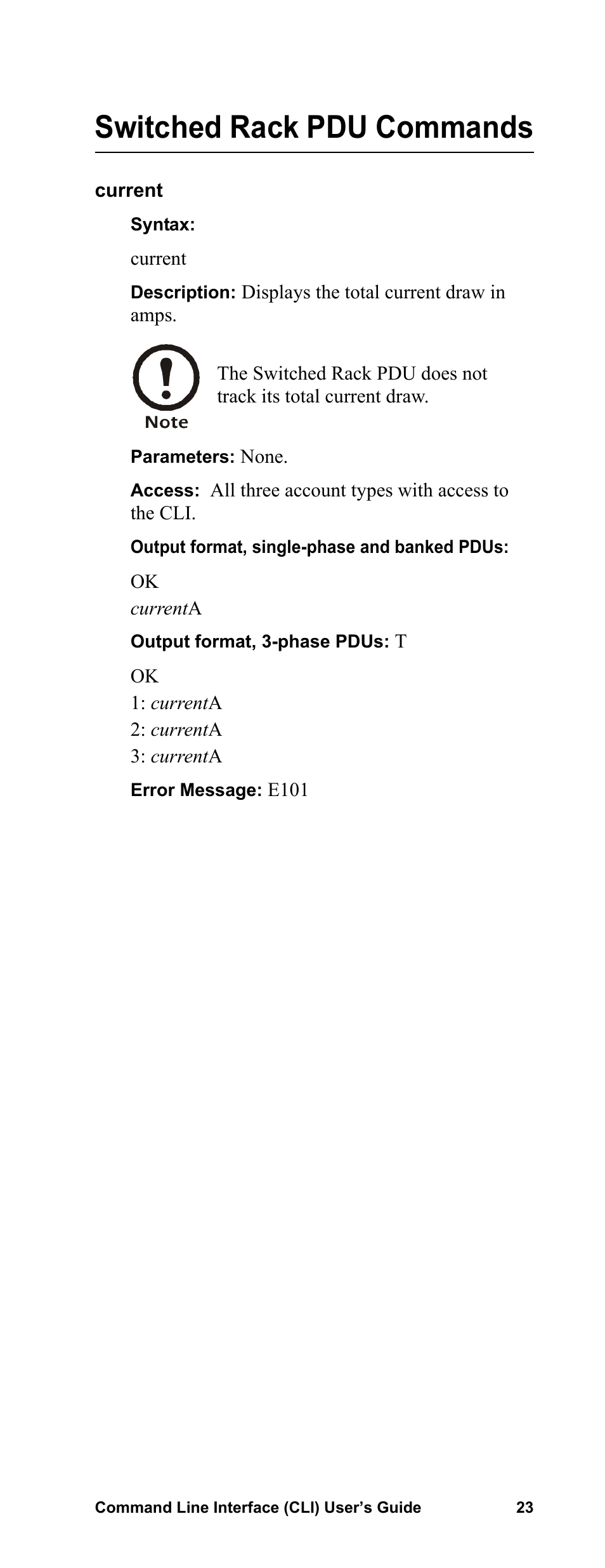 Switched rack pdu commands, Current | APC Command Line Interface User Manual | Page 27 / 39