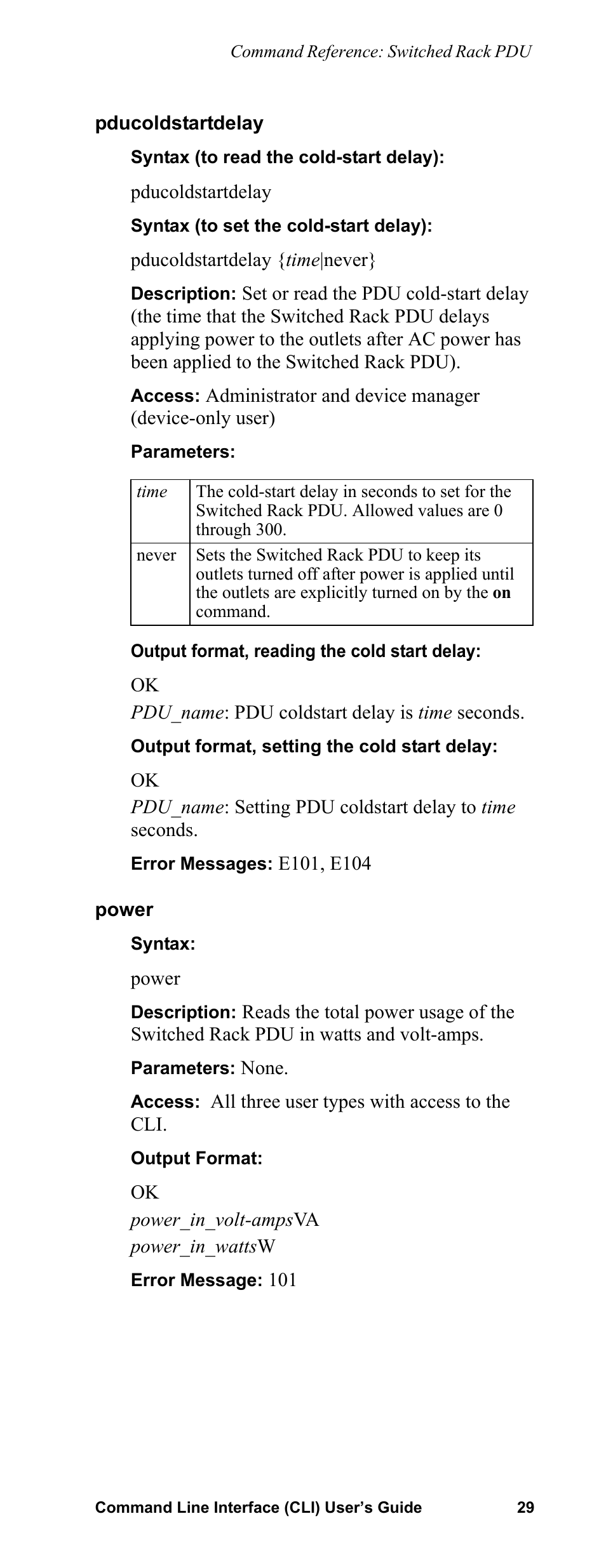 Pducoldstartdelay, Power | APC Command Line Interface User Manual | Page 33 / 39