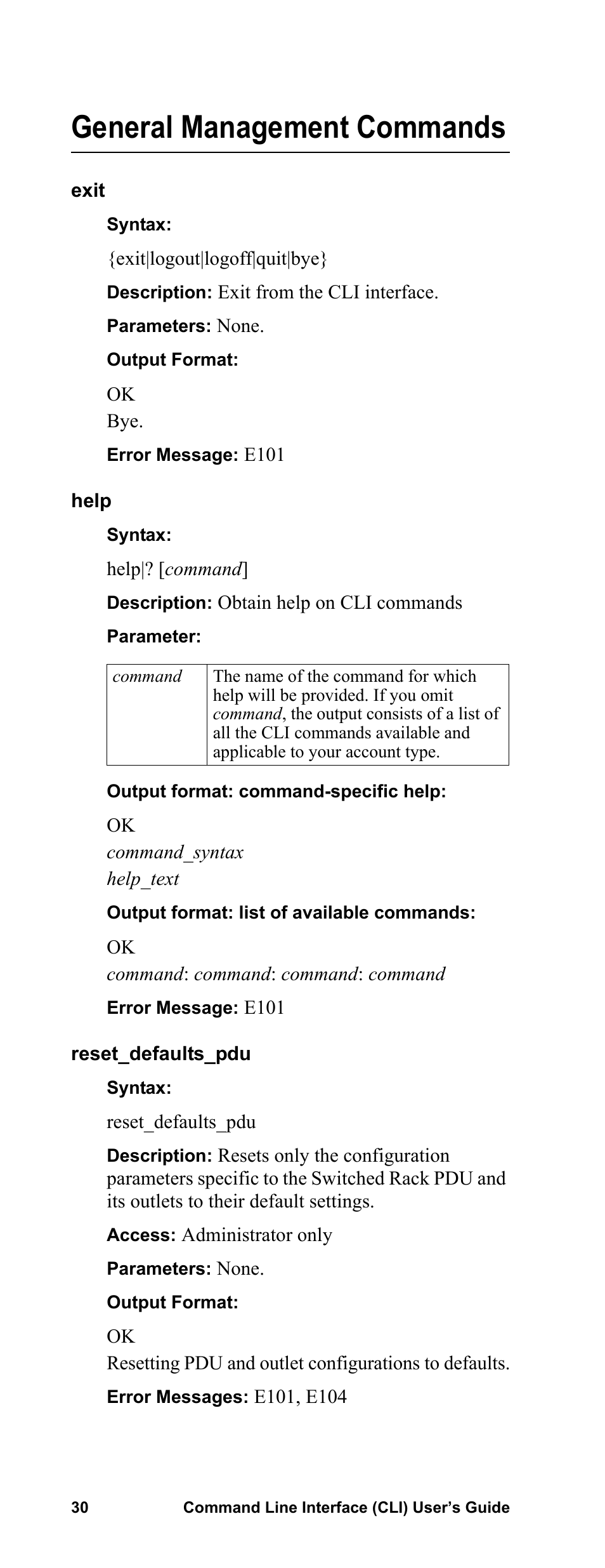 General management commands, Exit, Help | Reset_defaults_pdu | APC Command Line Interface User Manual | Page 34 / 39