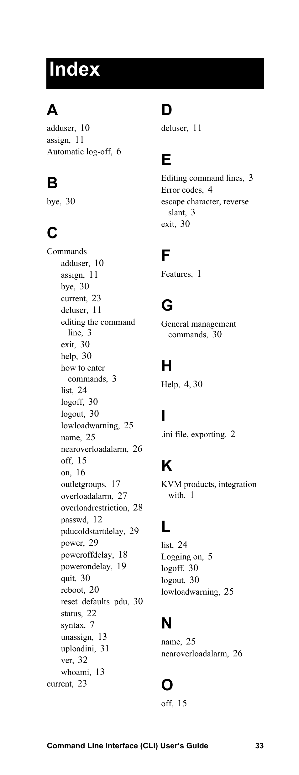 Index | APC Command Line Interface User Manual | Page 37 / 39