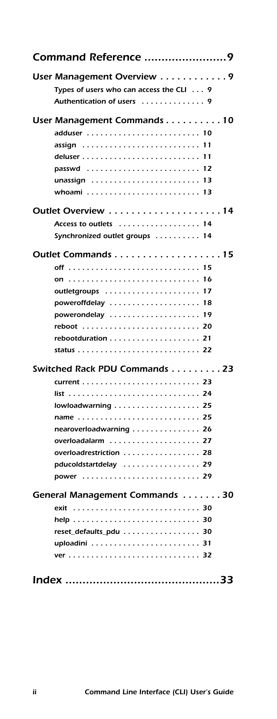 Command reference, Index, User management overview | User management commands, Outlet overview, Outlet commands, Switched rack pdu commands, General management commands | APC Command Line Interface User Manual | Page 4 / 39