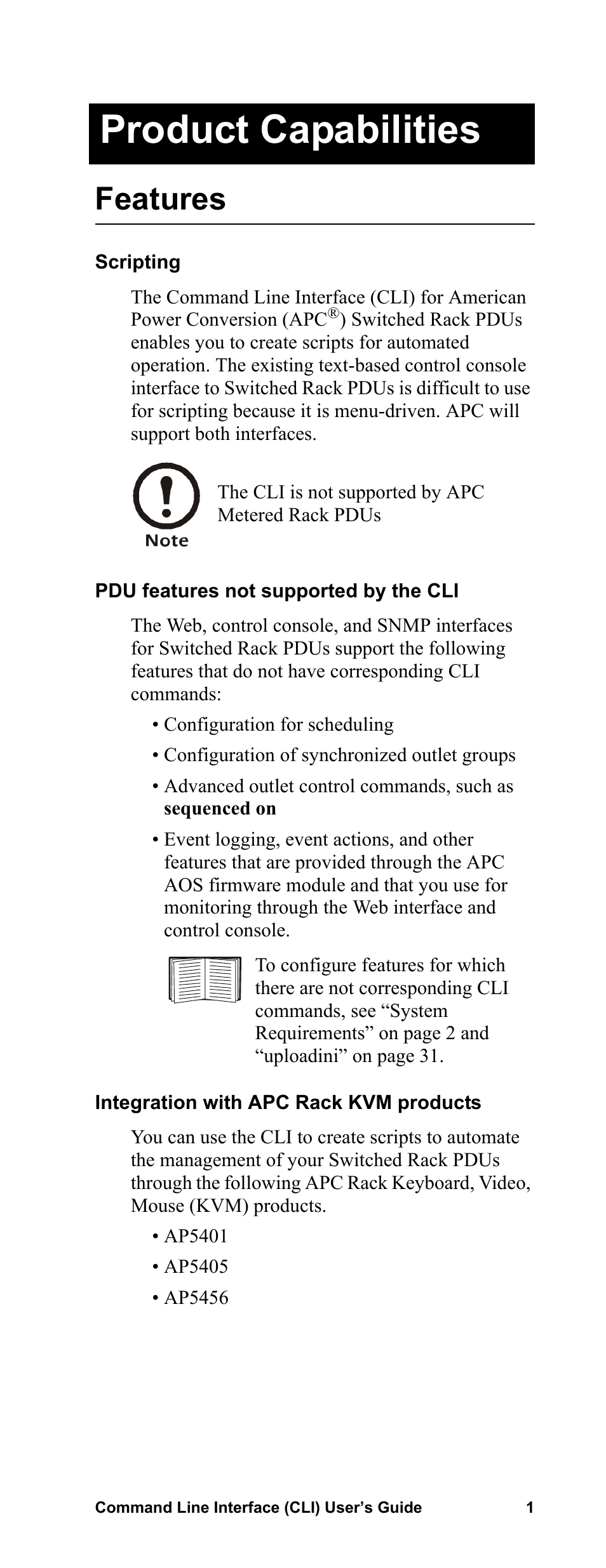 Product capabilities, Features, Scripting | Pdu features not supported by the cli, Integration with apc rack kvm products | APC Command Line Interface User Manual | Page 5 / 39