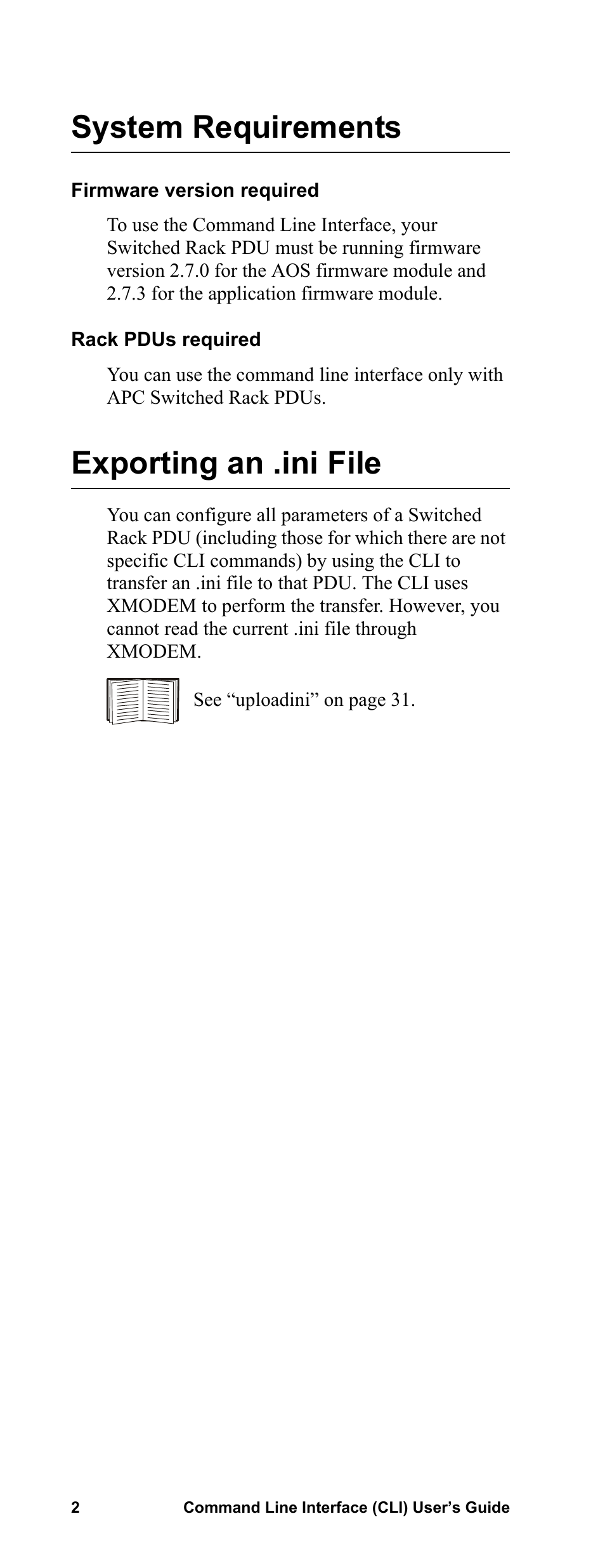 System requirements, Firmware version required, Rack pdus required | Exporting an .ini file | APC Command Line Interface User Manual | Page 6 / 39