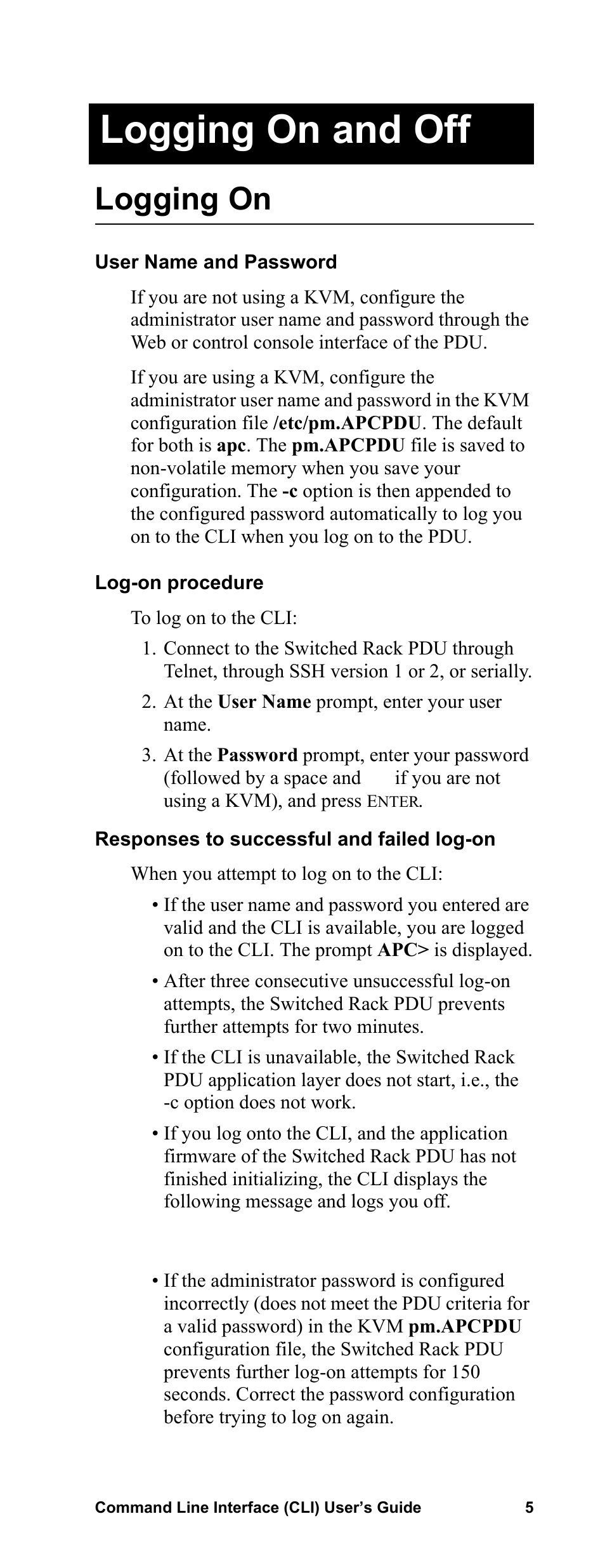 Logging on and off, Logging on, User name and password | Log-on procedure, Responses to successful and failed log-on, Responses to successful and failed log-on . 5 | APC Command Line Interface User Manual | Page 9 / 39