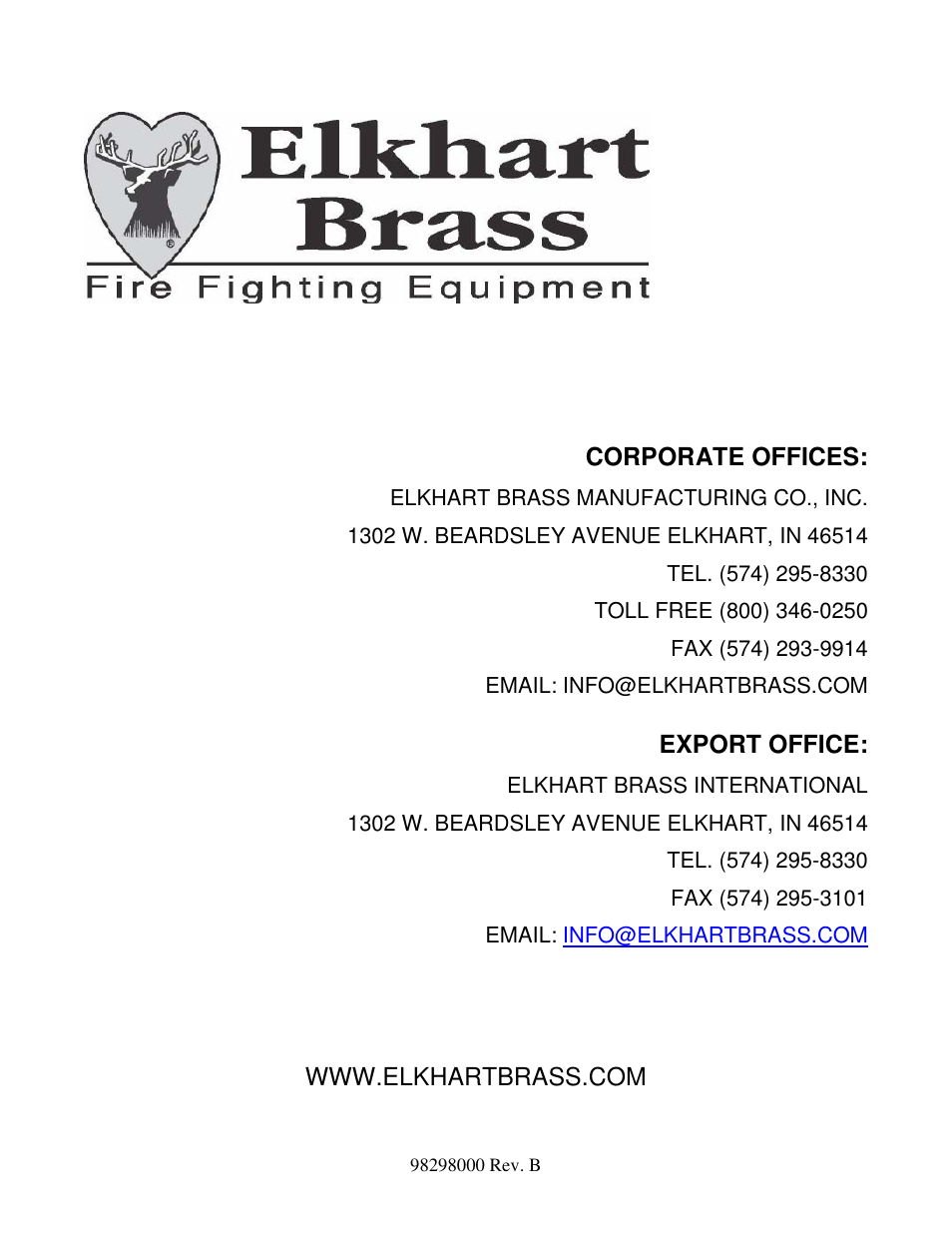 Corporate offices, Export office | Elkhart Brass Extender 8598 User Manual | Page 22 / 22