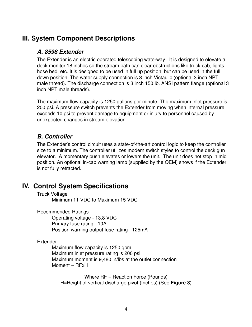 Iii. system component descriptions, Iv. control system specifications | Elkhart Brass Extender 8598 User Manual | Page 6 / 22