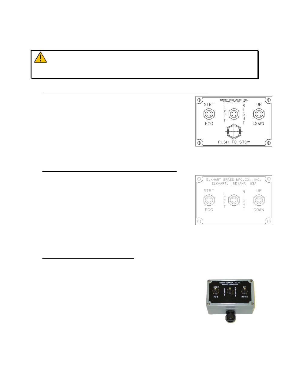 E. 81339001 primary panel mount switch module, F. 81340001 secondary switch box, 81339001 primary panel mount switch module | 81340001 secondary switch box, Caution | Elkhart Brass Scorpion 8394-04 User Manual | Page 8 / 25