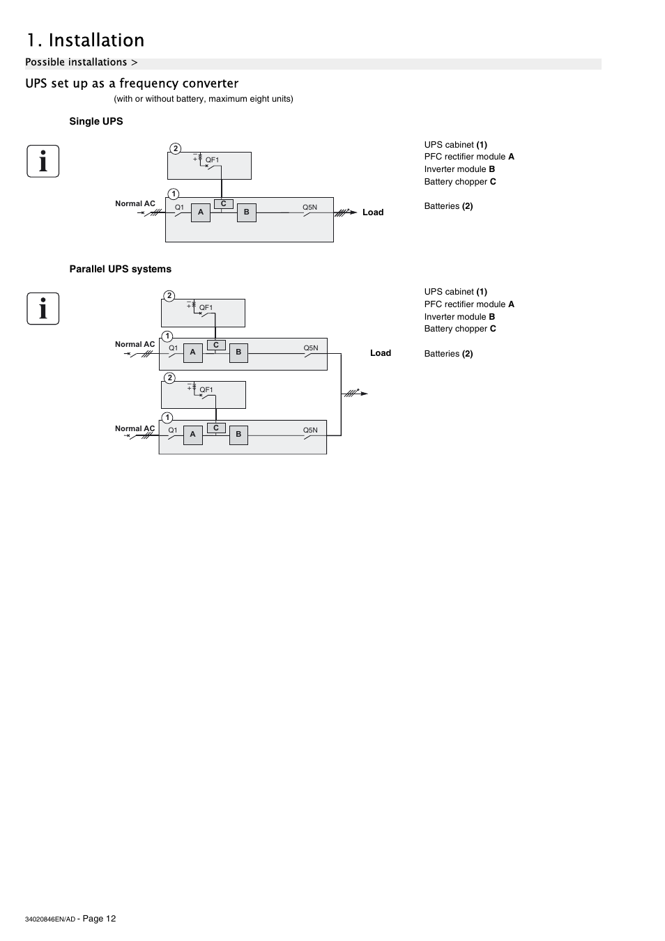 Ups set up as a frequency converter, Single ups, Parallel ups systems | Installation | APC GALAXY 7000 User Manual | Page 12 / 64