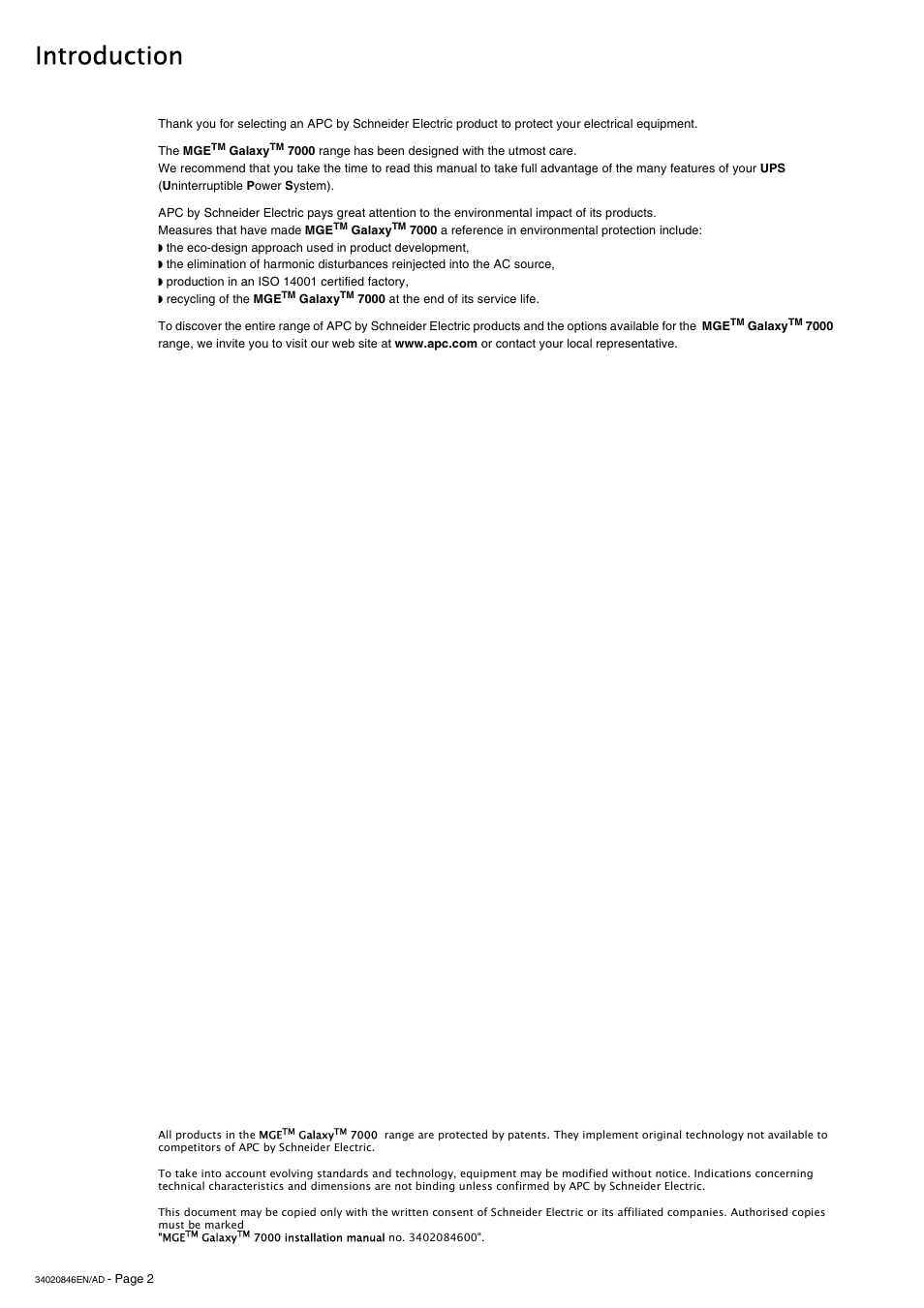 Introduction | APC GALAXY 7000 User Manual | Page 2 / 64